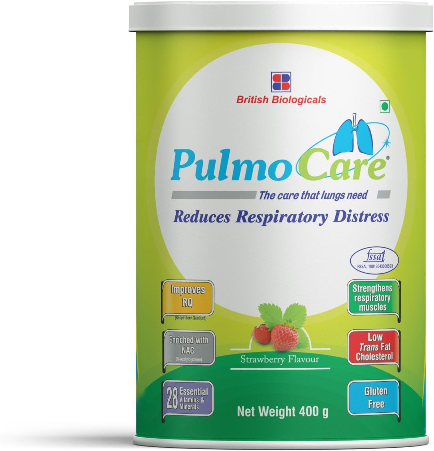 British Biologicals Pulmocare Powder-Strawberry Flavour|For Asthma, Copd, Pulmonary Tuberculosis|Gluten Free-400 G