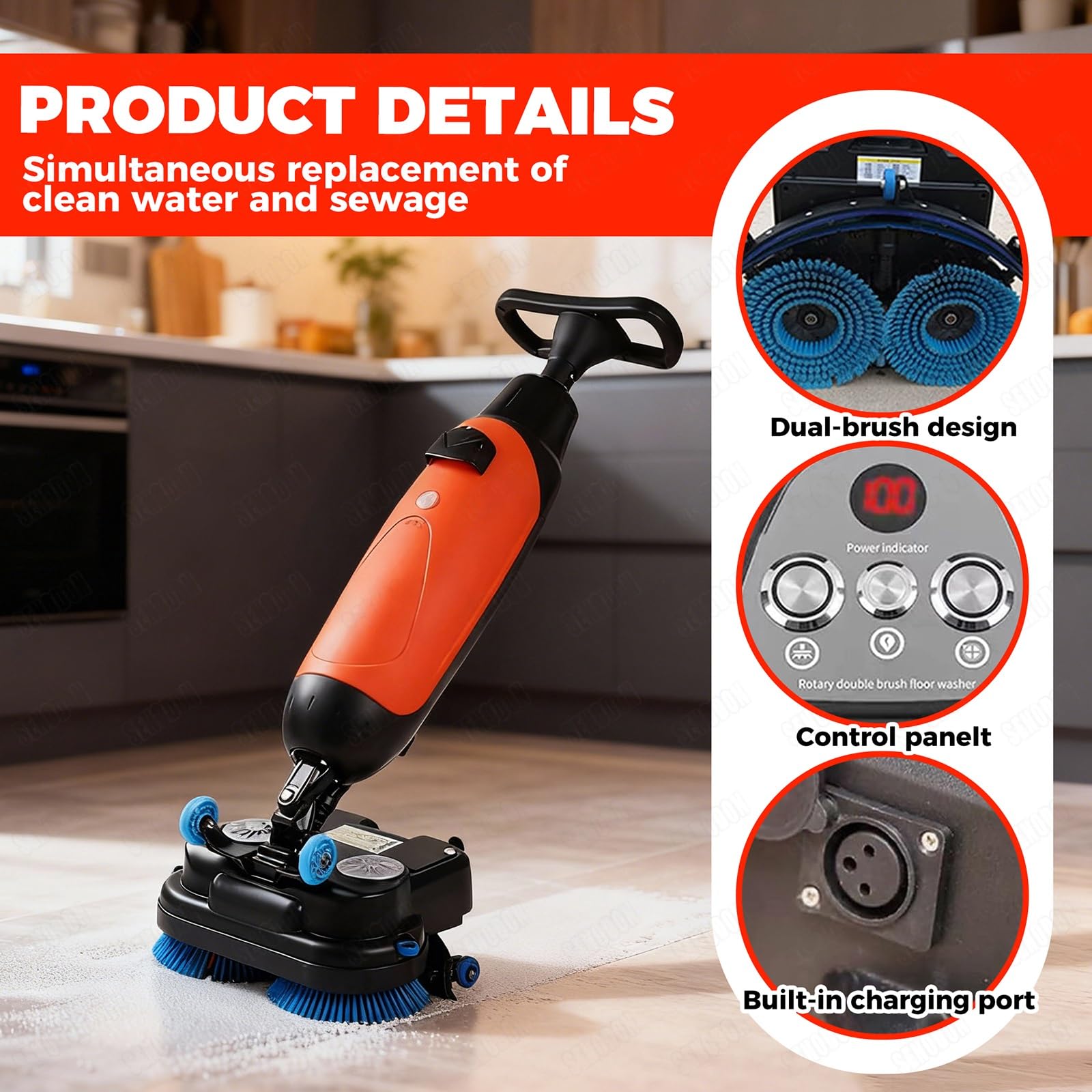 Máquina de limpieza de suelos resistente, pulidora multifuncional de grado comercial, cepillo doble giratorio de 360 grados, 13000 pies cuadrados/h para supermercados y almacenes