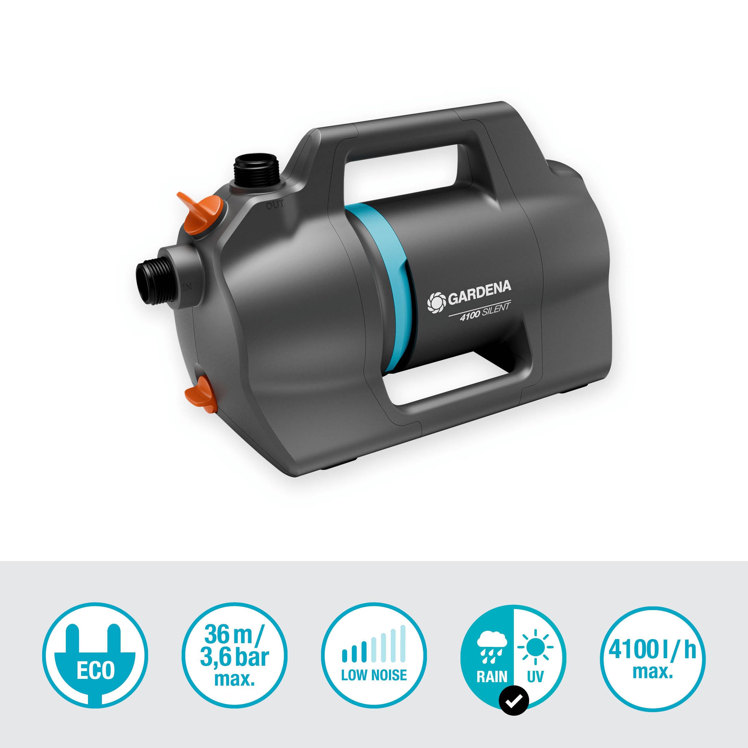 Pompa da giardino Gardena 4100 Silent: Pompa per irrigazione molto silenziosa e innovativa, portata 4100 l/h, motore da 550 W, 3,6 bar, impermeabile, a risparmio energetico (9050-20)