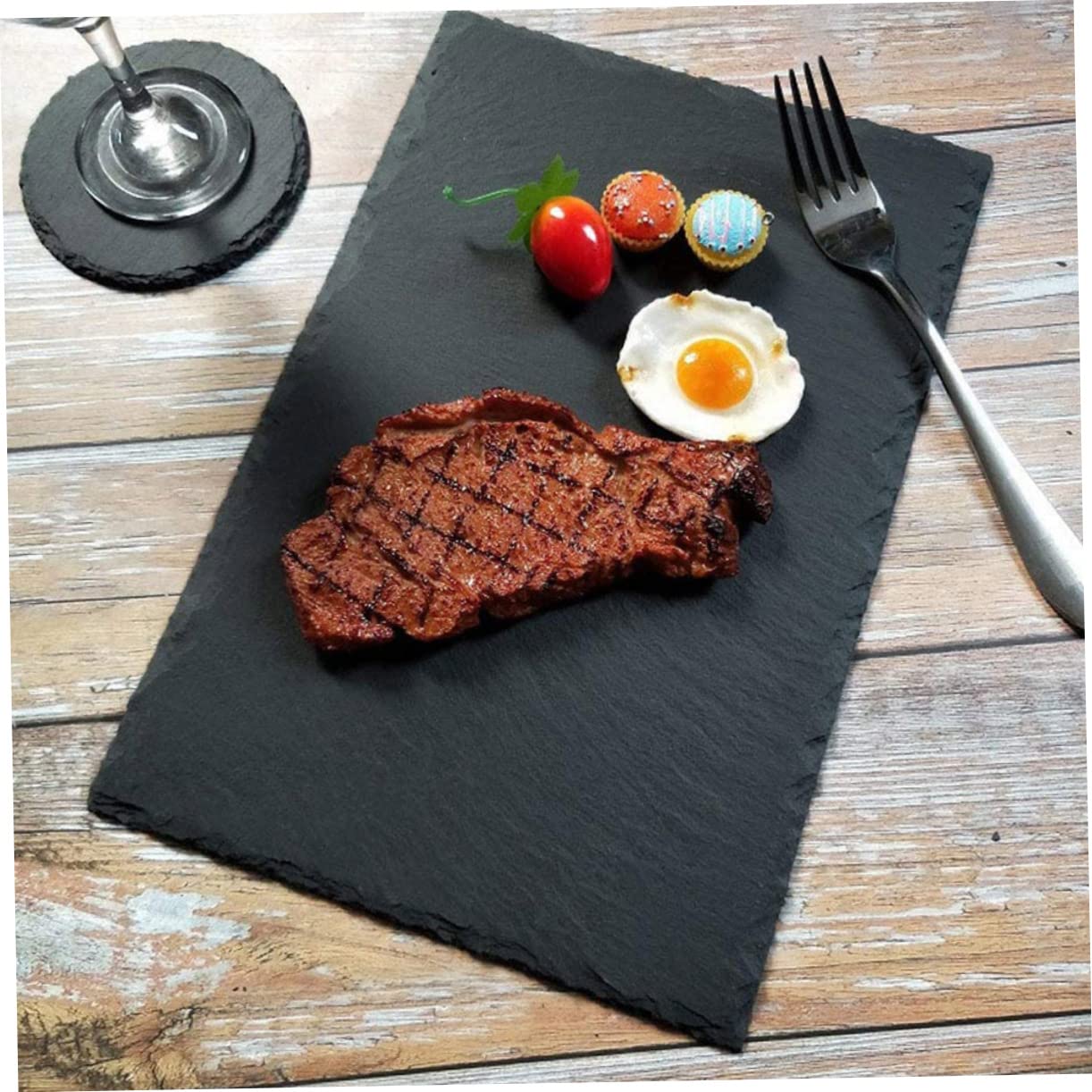 DECHOUS 2 Stück Schiefer Servierbrett für Steak und Sushi, Schwarz