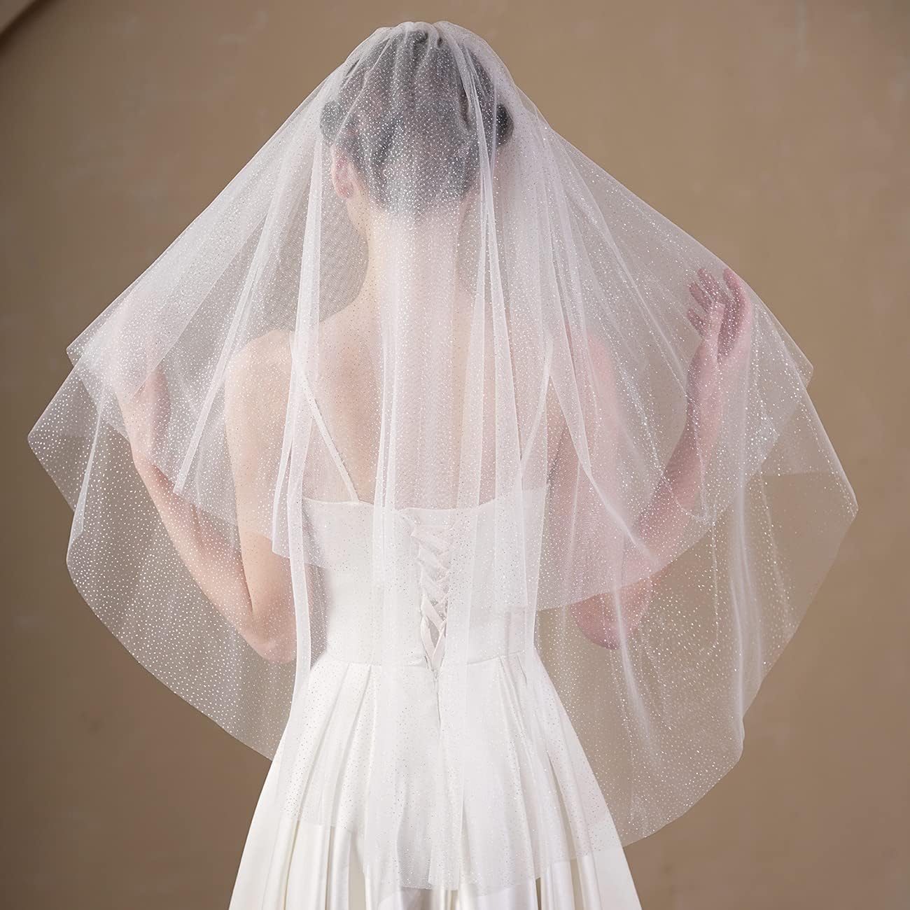 EllieWely 2 Tier Glitter Tulle Wedding Bridal Veil With Metal Comb F40