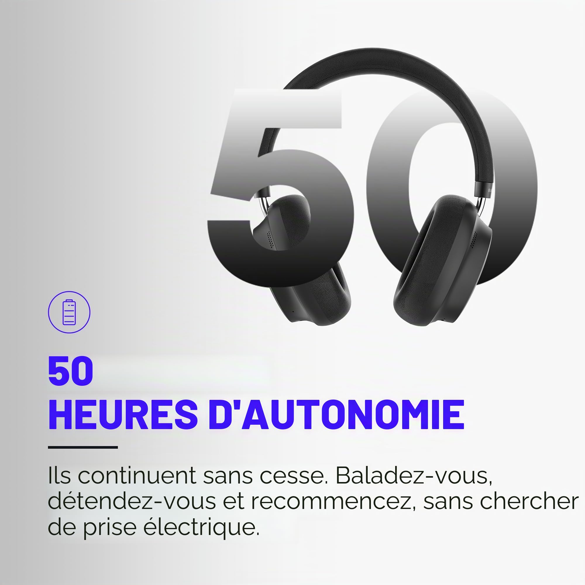 Raycon Essential Headphones – Casque supra-auriculaire Bluetooth sans fil, avec suppression active du bruit hybride, 5 microphones intégrés, IPX4 résistant à l'eau et 50 heures d'autonomie de la