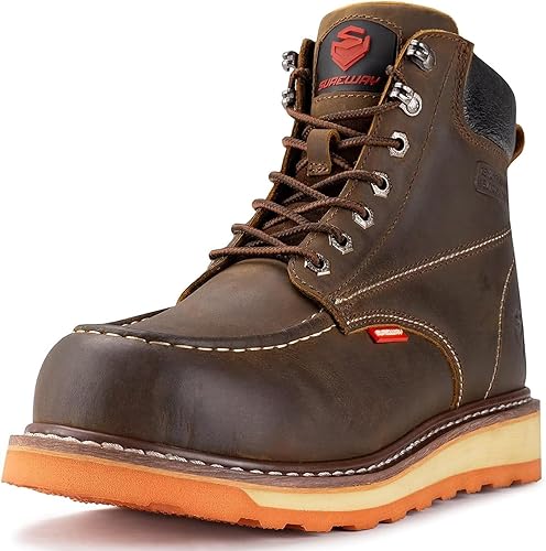 SUREWAY Mens Heavy Duty SoftCompositeSteel Toe Work Boots for Men-Comfortable,GoodyearWelt,Full Grain Leather,6 in Wedge Moc Toe Construction