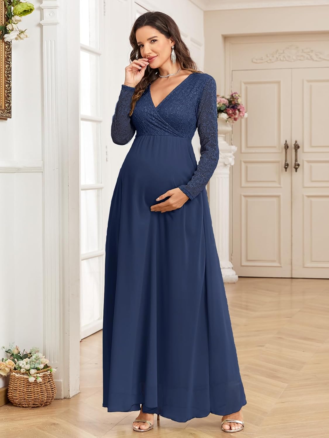 CYCLAMEN Maternity Dress Flowy A-Line Wrap Gown with Floral Lace and Contrast Chiffon Long Sleeve V Neck for Baby Shower - Image 5