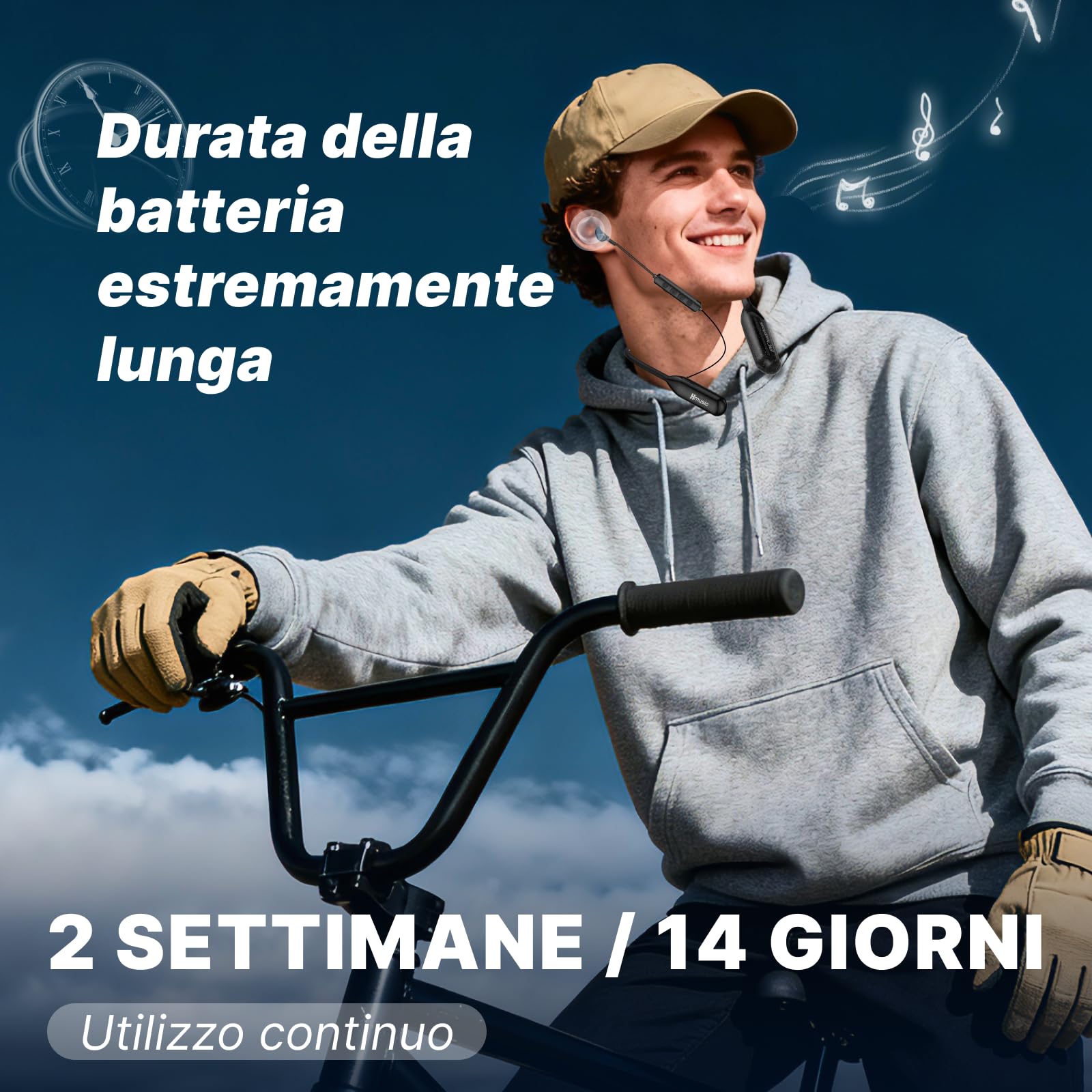 Hmusic Cuffie Bluetooth con Archetto da Collo - Batteria grande, Nero | 200 ore di riproduzione, Impermeabile IPX5, Isolamento acustico, auricolari magnetici per sport, corsa, palestra, cantiere