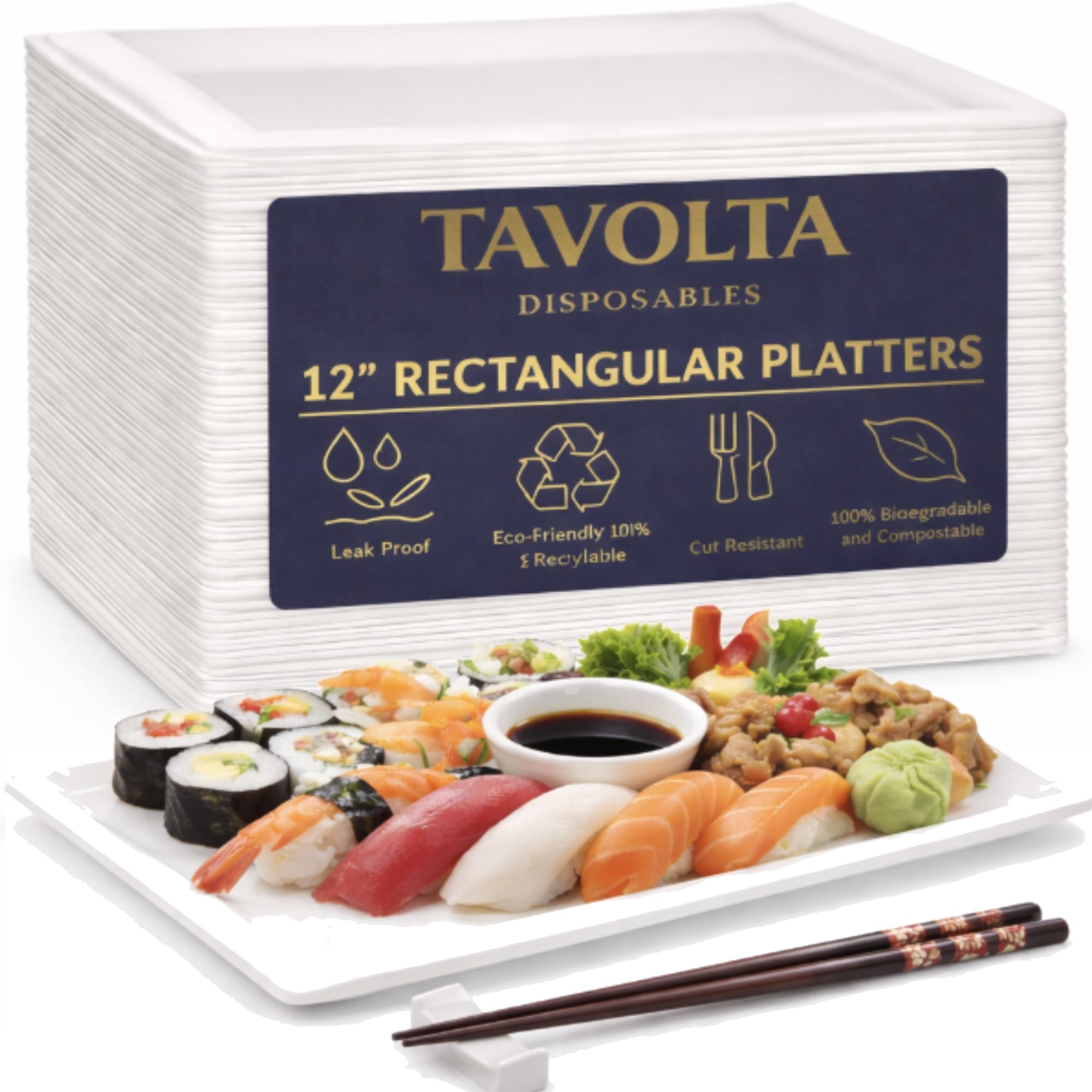 Disposable Paper Platters 12 Inch - Rectangular Compostable Sugarcane ECO Food Plates, Biodegradable Heavy-Duty Square Dinner & Cake Trays for Sushi BBQ, Picnic, Birthday Party