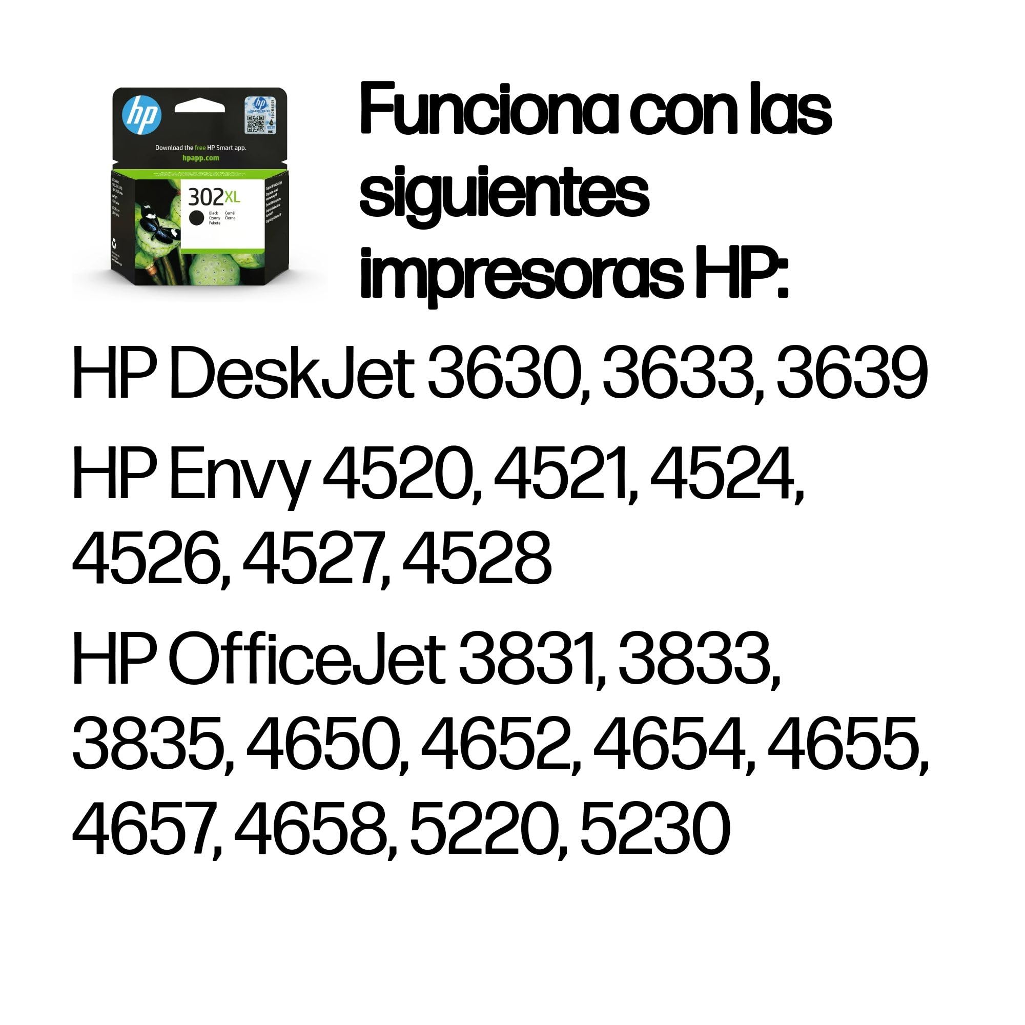 HP 302XL F6U68AE Cartucho de Tinta Original Negro Alta Capacidad para DeskJet 1110 2130 3630 Envy 4520 OfficeJet 3830 4650 5220 5230