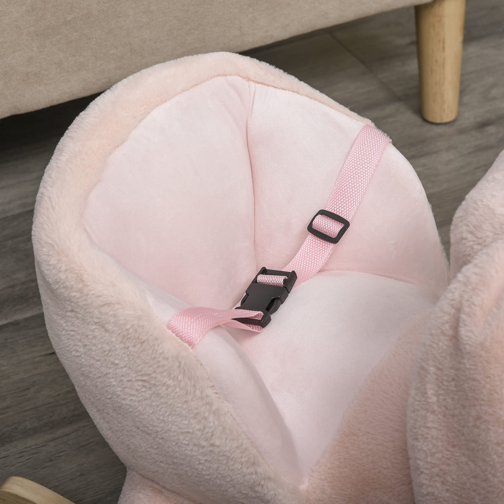 HOMCOM Caballito Balancín Infantil Forma de Conejo de Felpa para Bebés 18-36 Meses con Sonido Cinturón de Seguridad Manillar y Reposapiés 60x33x50cm Rosa