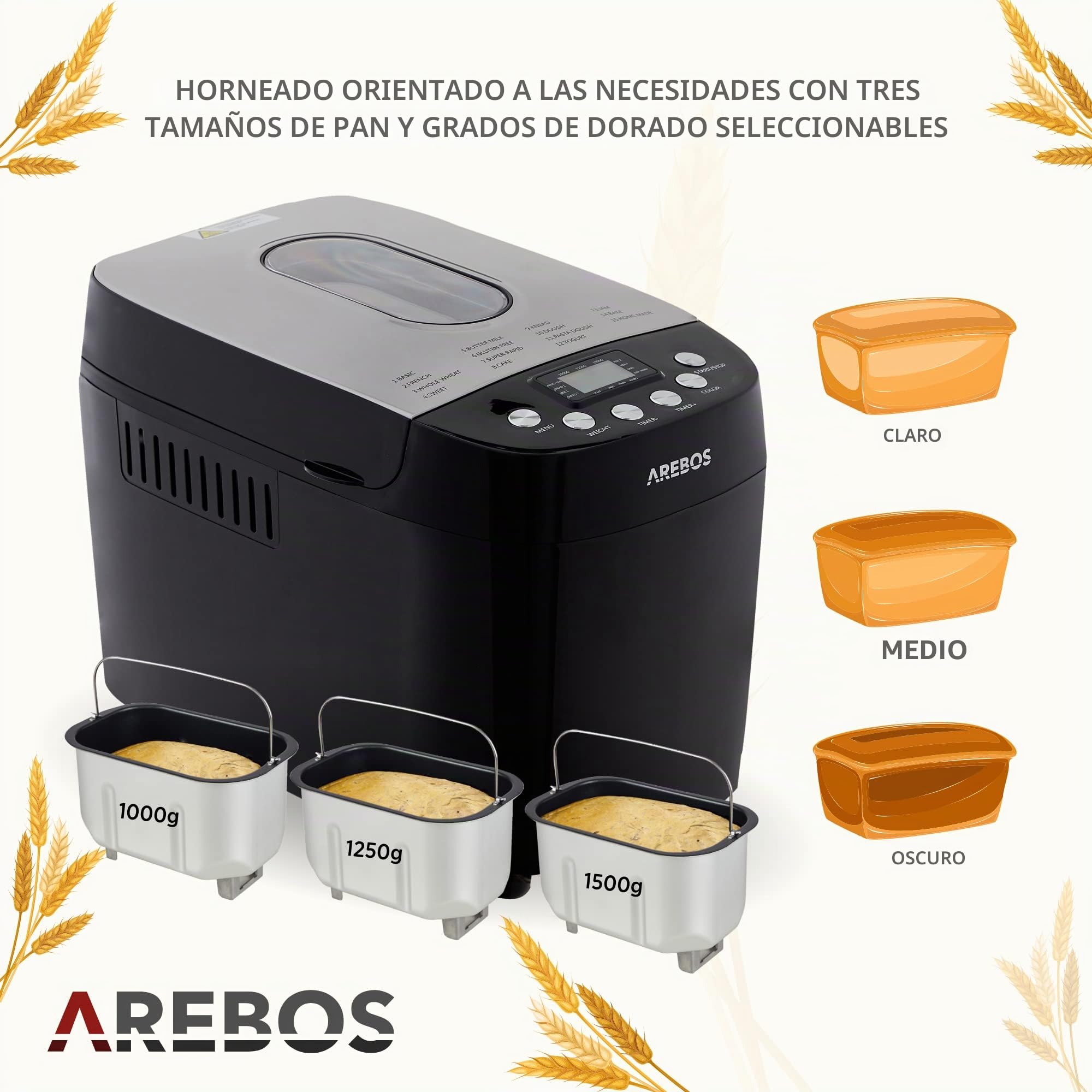 Arebos Panificadora 1500 g | con 15 programas | 2 ganchos para amasar | temporizador | pantalla LCD | 3 niveles de tostado y tamaños de pan | 850 W | Negro