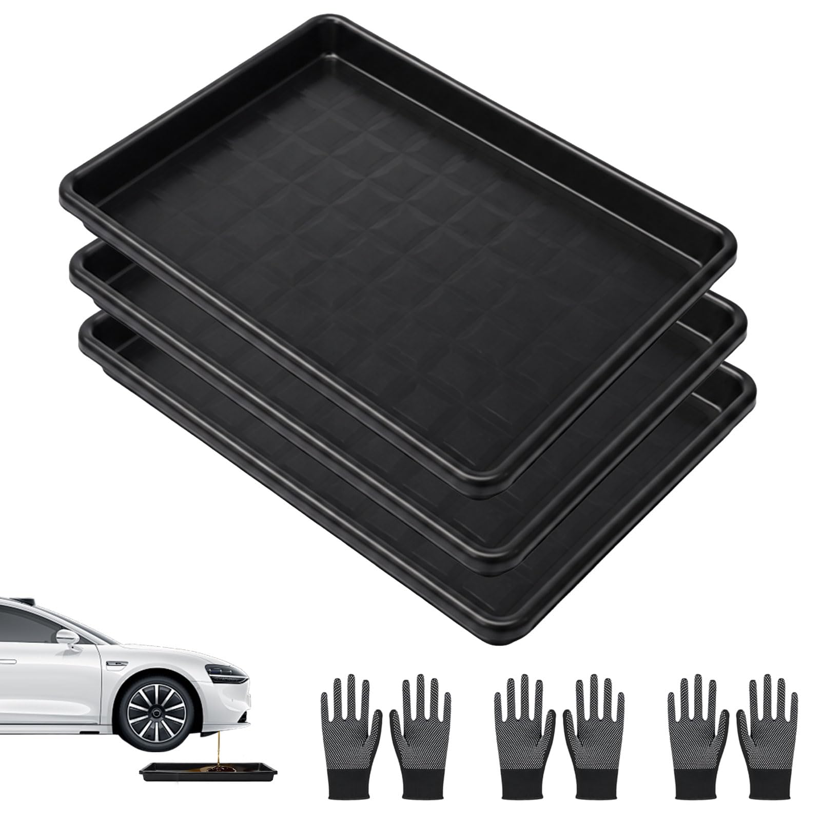 Lot de 3 grands bacs de vidange d'huile, 90 x 55,9 x 3,5 cm, plateau d'égouttement en plastique extra large pour dessous de voiture, bac à huile en plastique, pot de récupération d'huile