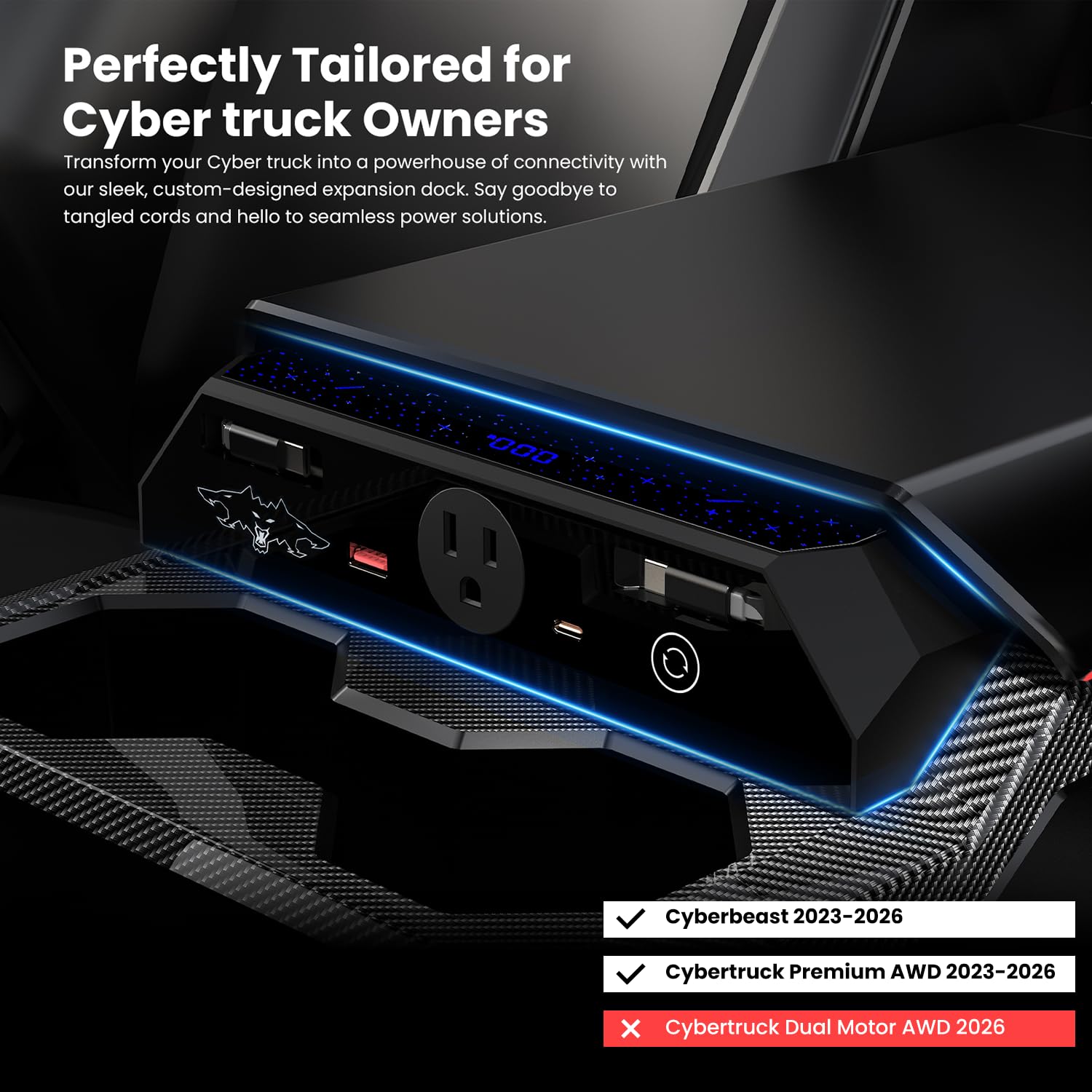 Cybertruck Multi-Ports Hub USB do Cyber Truck 2023+, ukryta szybka ładowarka z chowanym kablem, podwójne porty USB-C, akcesoria do stacji dokującej (do Cyberbeast/AWD/Dual Motor AWD)