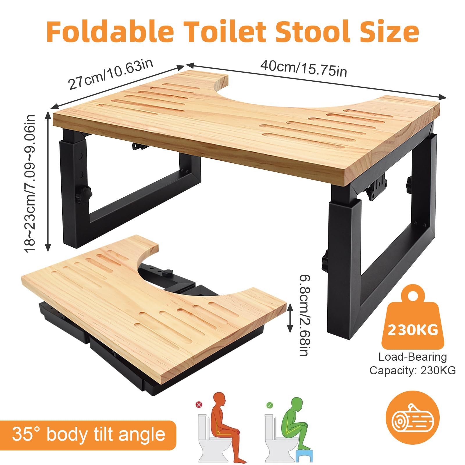 Taburete Inodoro Plegable de Madera, Taburete Baño Altura Ajustable con Soporte de Metal, Escalón Plegable WC con Almohadilla Antideslizant, Contra Estreñimiento
