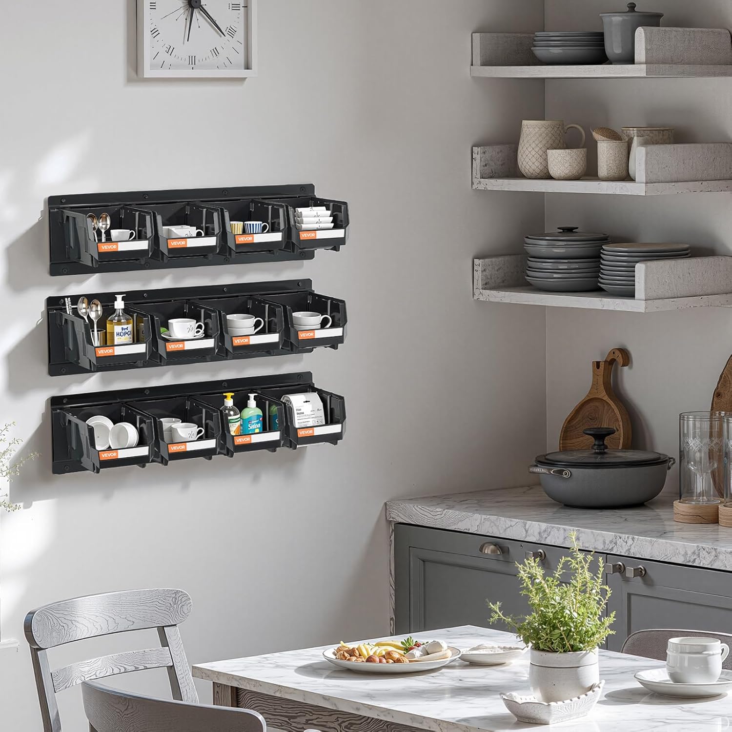 VEVOR Wall Mounted Storage Bins, 12 Plastic Bins & 3 Metal Rails, Plastic Hanging Stackable Storage Bin for Screws, Nuts, Bolts, Nails, Hardware Tool Organizer for Workshop, Craft Room, Garage, Black