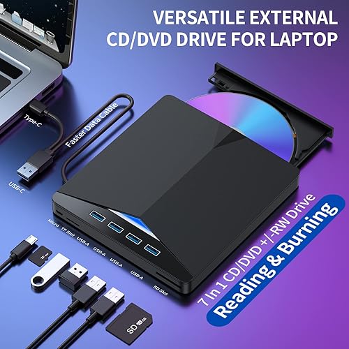 Miniatura 2 de Unidad externa de CDDVD para laptop, reproductor de DVD USB 3.0 7 en 1 para laptop, unidad de disco CD ROM, grabadora de CDDVD portátil compatible