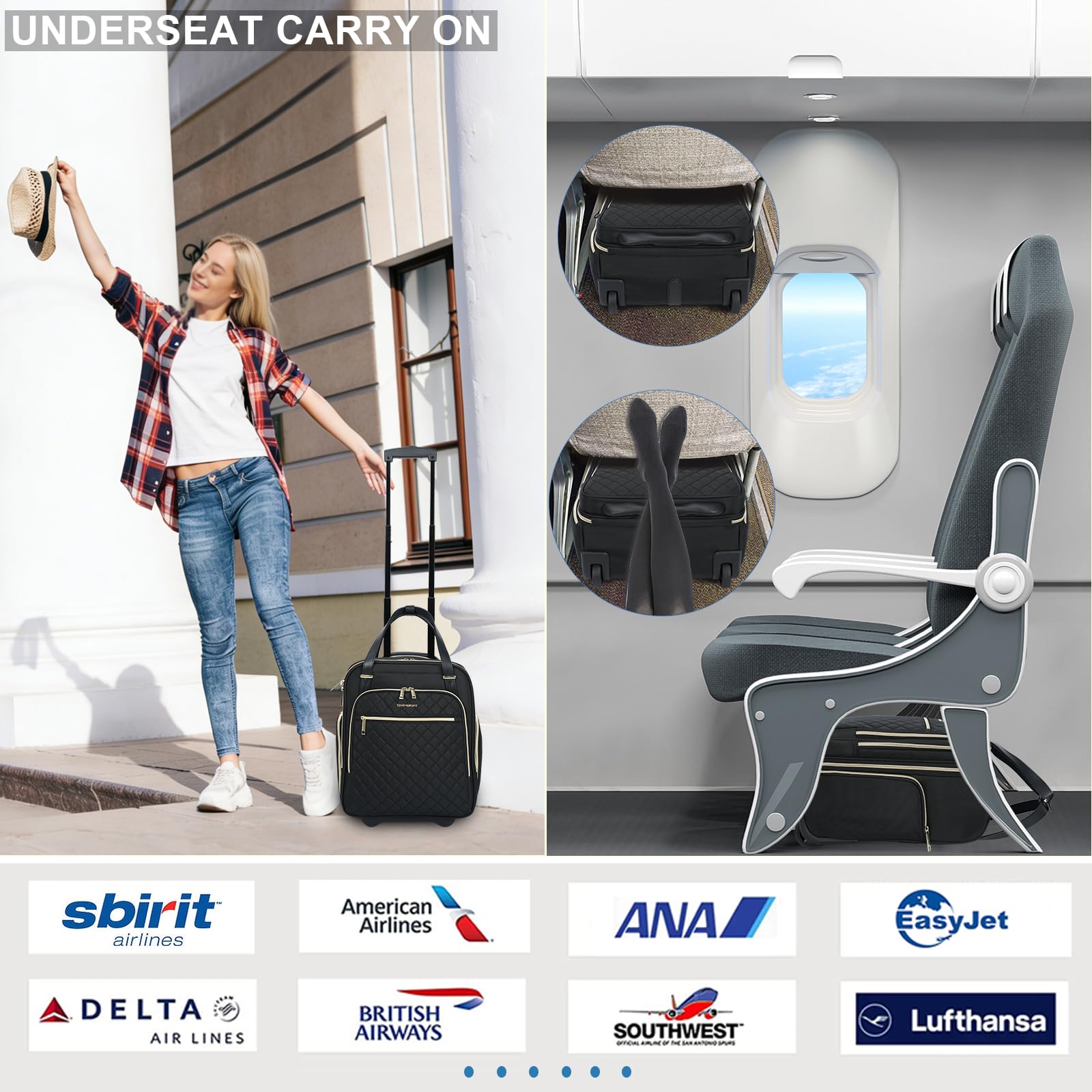 EMPSIGN Valigetta 16" Sottosedile, TSA Impermeabile Multiuso | nero con zip oro, apertura 180°, rotelle silenziose, scomparti multipli, resistente antigraffio per lavoro e weekend