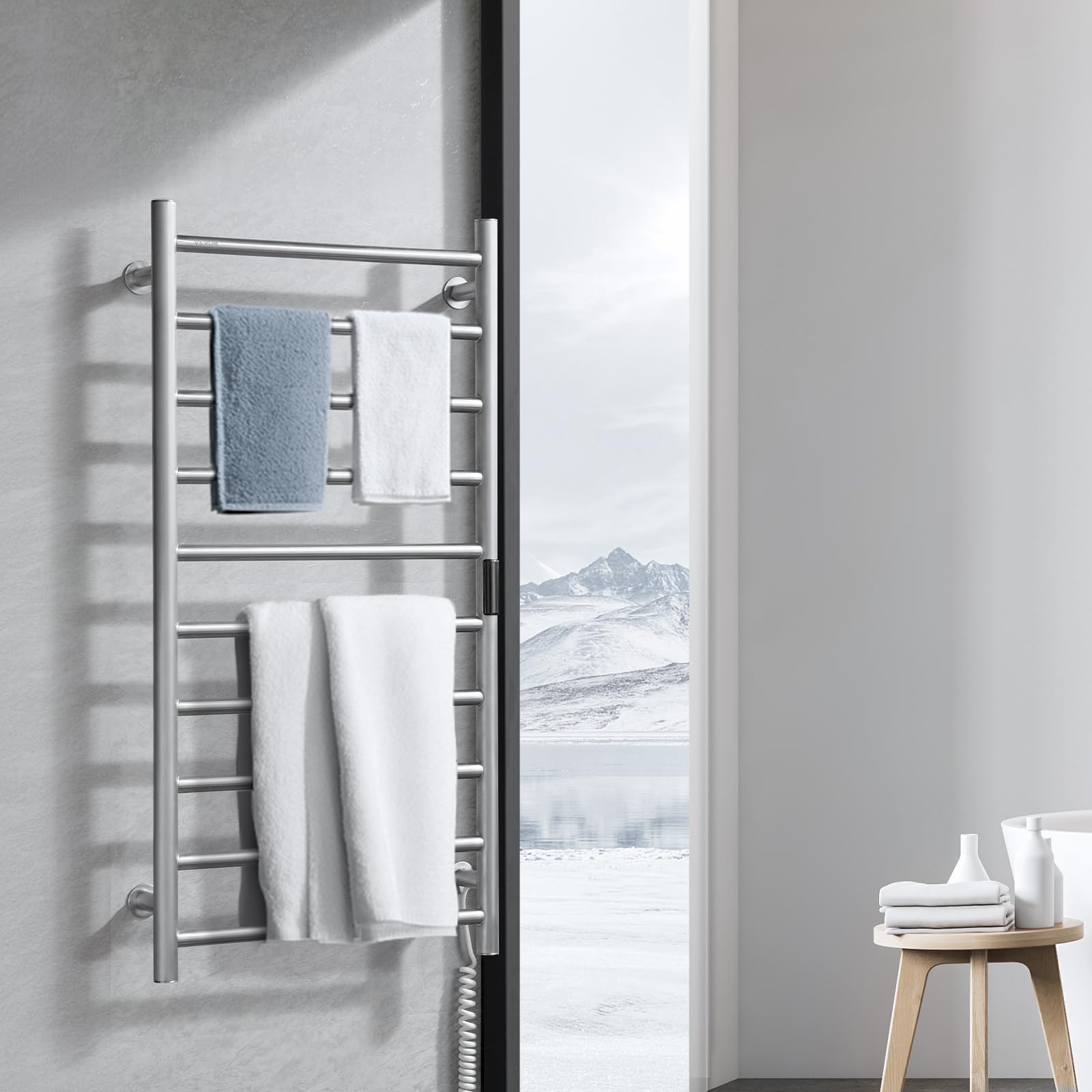 VEVOR Calentador de Toallas con Radiador Toallero con 10 Barras Calentador de Toallas Impermeable con Temporizador y Pantalla LED 5 Niveles de Temperatura Ajustables Montado en la Pared, Plata