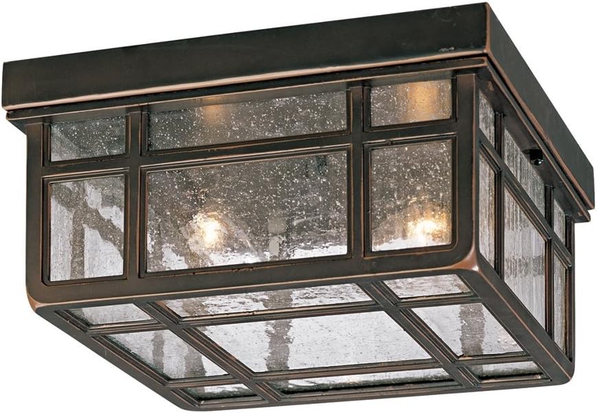 Sierra Craftsman Rustic Flush-Mount Outdoor Ceiling Light Rubbed Bronze Steel 5 1/2" Frosted Seeded Glass Panels Damp Rated for Exterior House Porch Patio Outside Deck Garage - Kathy Ireland