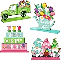 Biswiter 4-Piece Rustic Farmhouse Wooden Spring Decorations Set for Tiered Tray, Shelf, Mantel & Easter Display