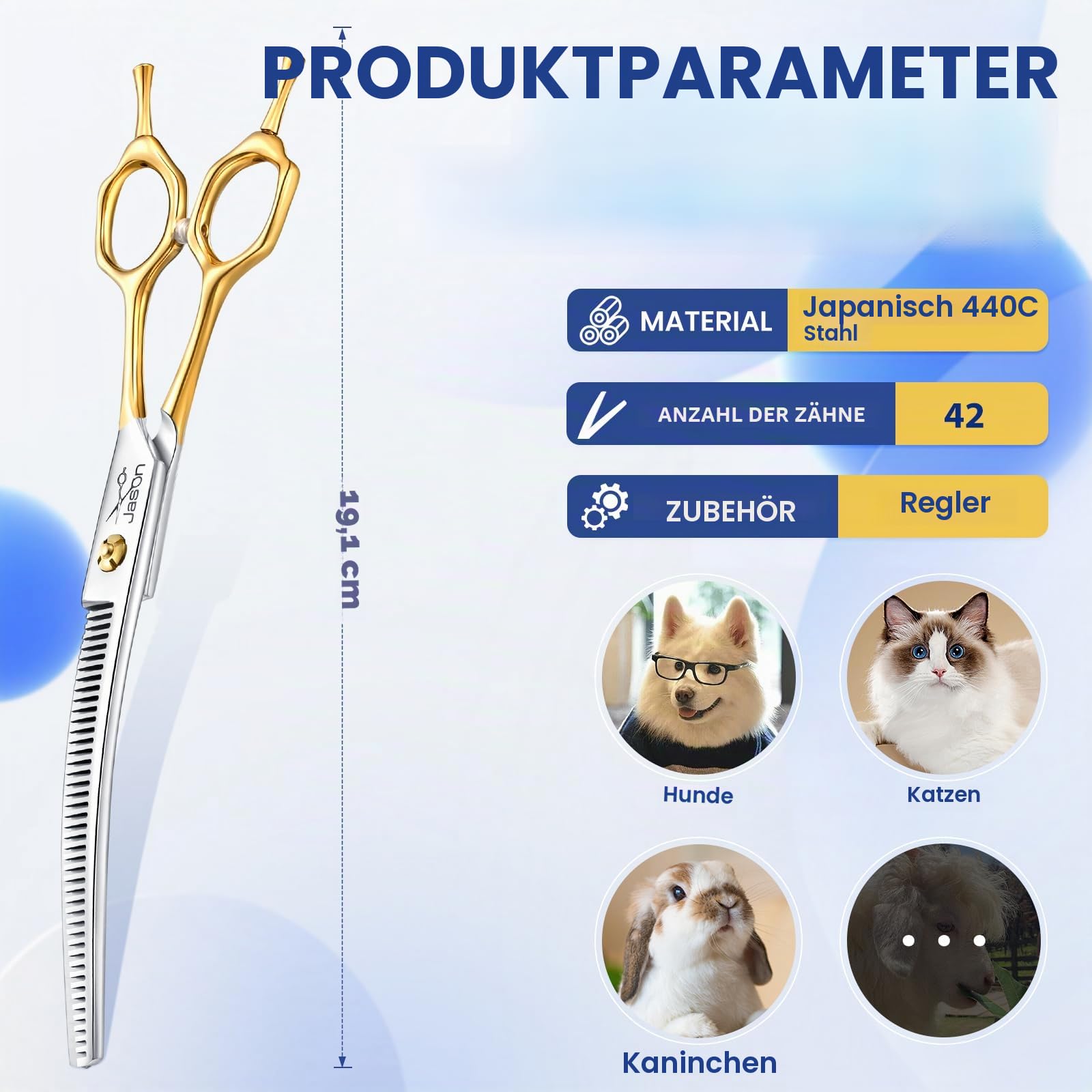 JASON 7.5 Zoll gebogene Effilierschere für Hunde - 43 Zähne professionelle abwärts gebogene Hundeschere aus japanischem 440C-Edelstahl Fellschere mit symmetrischem Griff