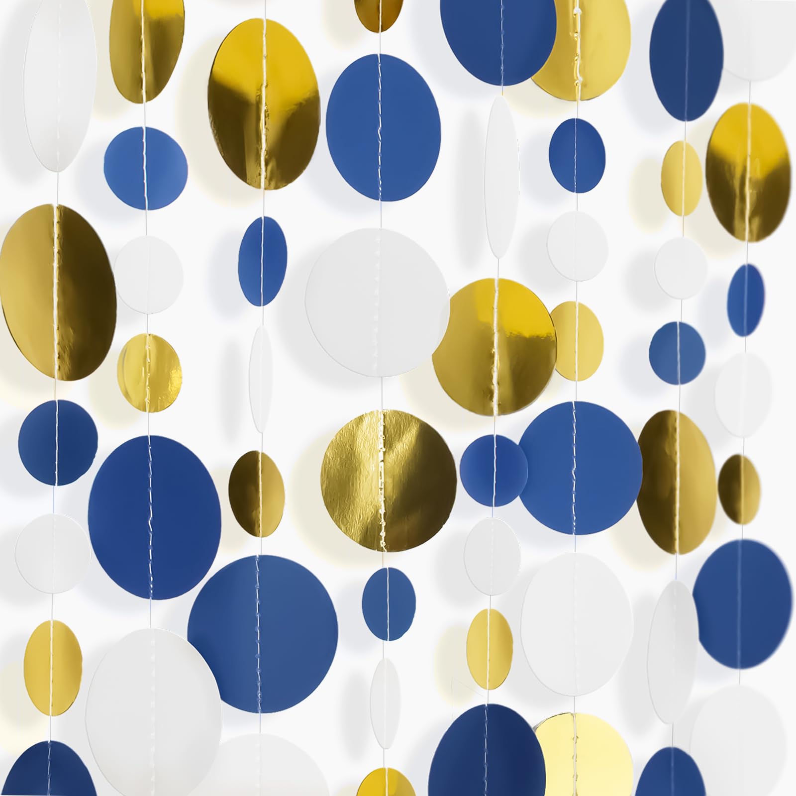 G2PLUS Gold Blue White Reflective Paper Garland, 16M Mirror Circle Dots Garlands, Polka Dots Sparkling Hanging Streamer