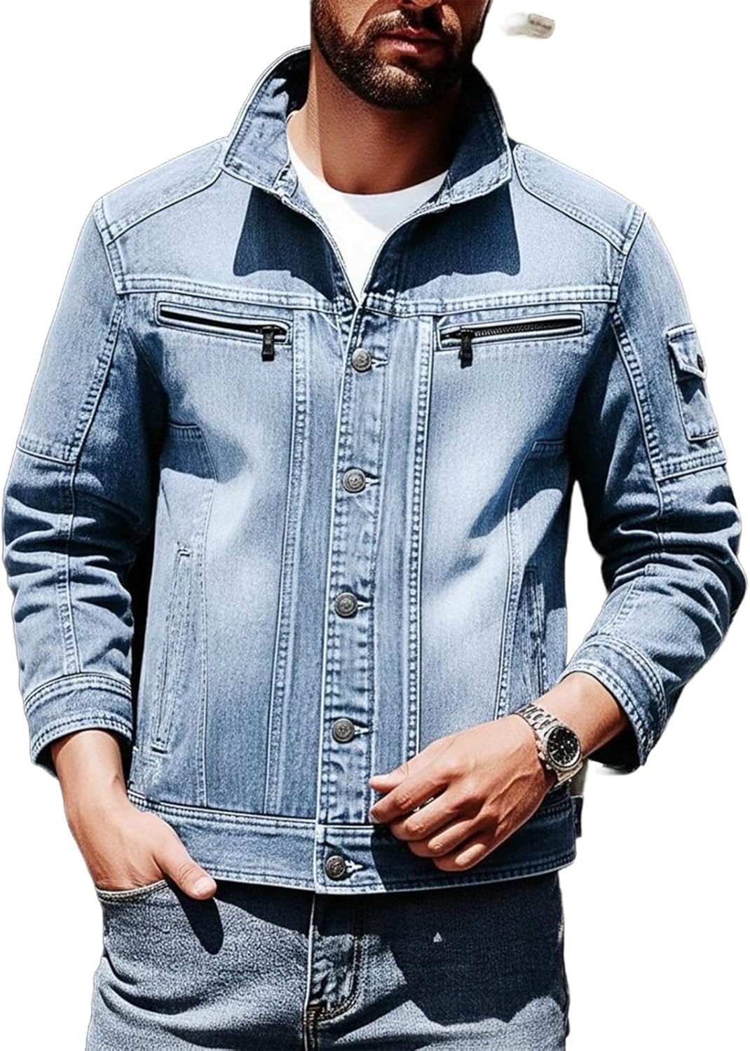 Cambkatl Men's Stand Collar Vintage Distressed Denim Jacket, Slim Fit Button Down Long Sleeve Stylish Outdoor Sports Coat