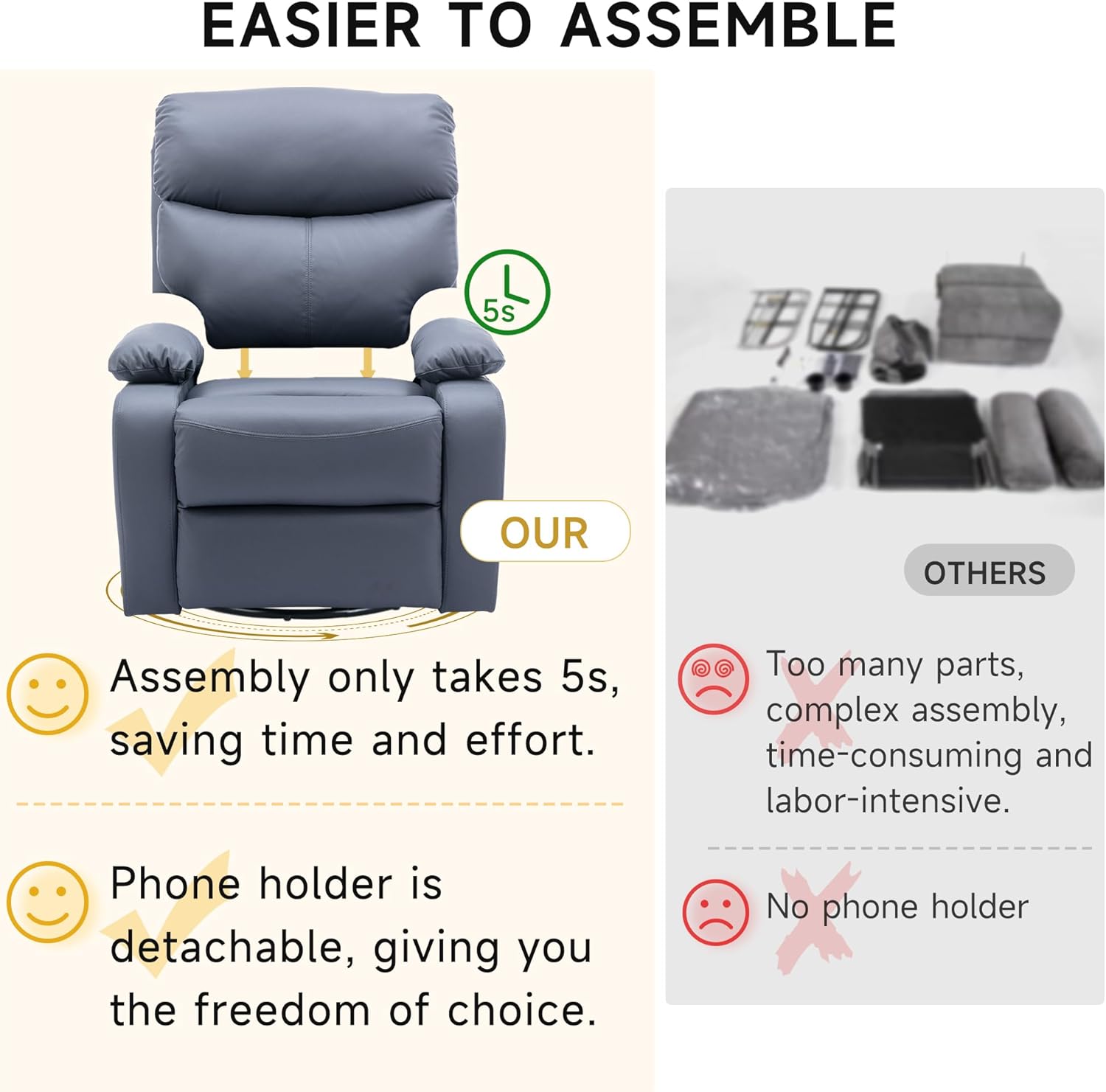 Rocker Swivel Recliner Chair, Rocking Recliner Chair Made of Microfiber Technical Cloth, Manual Small Recliner Easy to Operate Reclining for Living Room, Nursery -Dark Grey