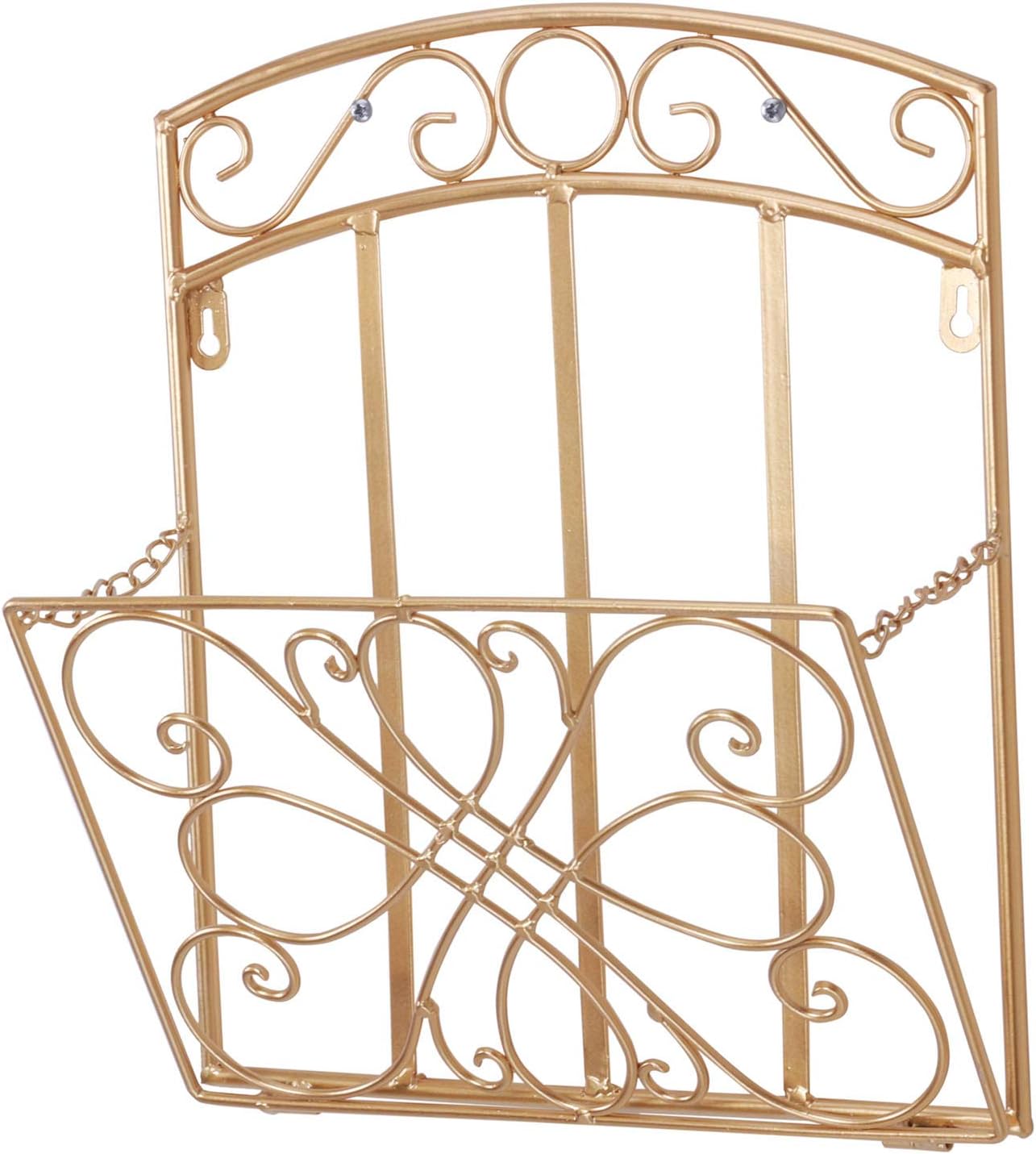 yarshopy Wall Mount Magazine Holder Rack, Adjustable Hanging File Pocket Organizer with Scroll Work, Decorative Wall Storage Basket for Document, Book, Mail, Newspaper, Gold