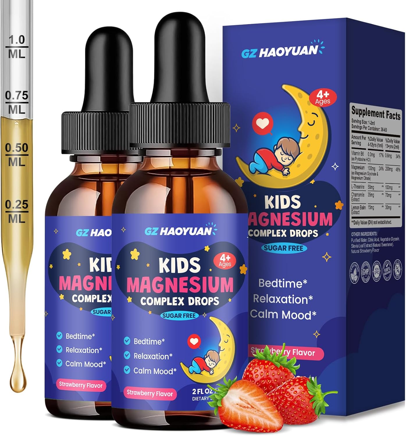 2 Pack Magnesium Glycinate Drops for Kids - Liquid Magnesium Drops with L-theanine, Chamomile & Vitamin B6 for Sleep, Relaxation, Calm & Focus, Strawberry Flavor, 4 Fl Oz