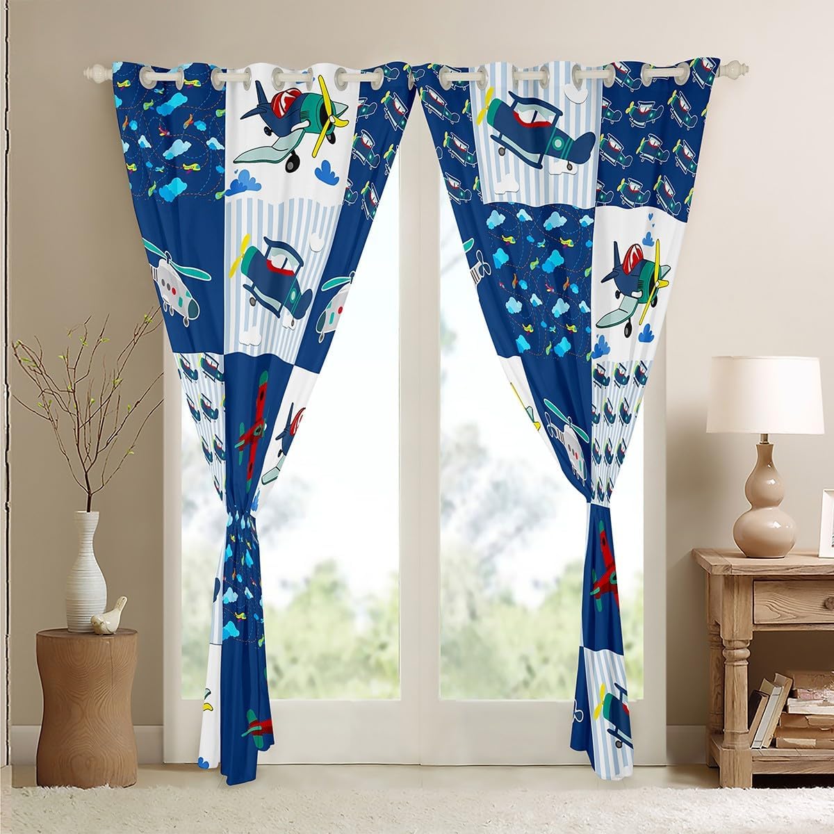 Kids Cartoon Aircraft Curtains for Bedroom Living Room (2 Panels, 52 x 63 Inch) Airplane Print Darkening Dreapes Decor Aircraft Flying Blackout Curtains Helicopter Flying Plane Window Treatments