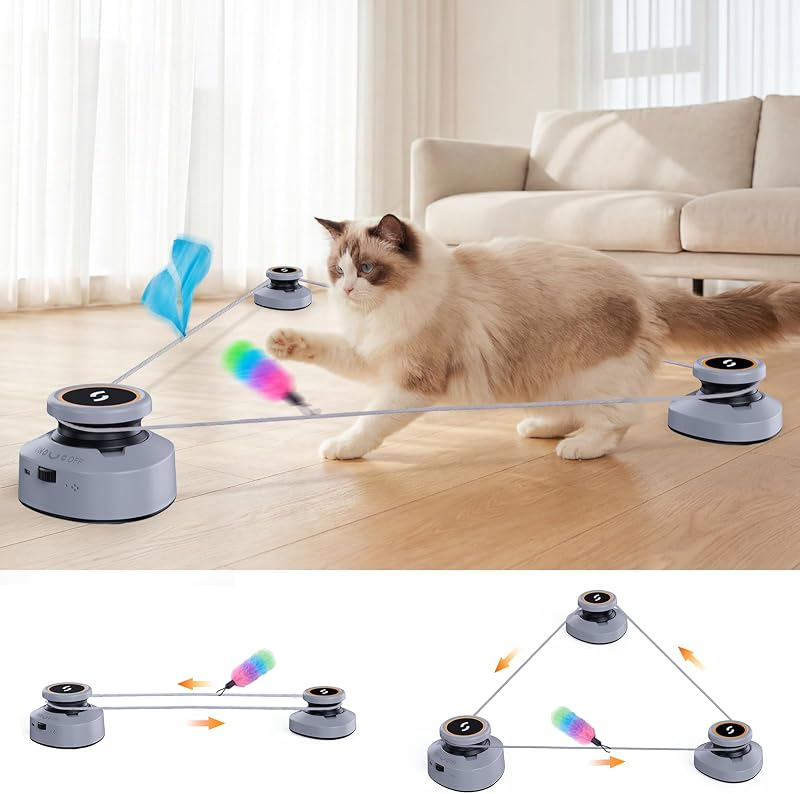 Jripae Juguetes interactivos automáticos para gatos de interior con pista de persecución DIY | Velocidad ajustable, cinta de correr eléctrica recargable, juguete para hacer ejercicio con pluma para gatitos aburridos y gatos adultos