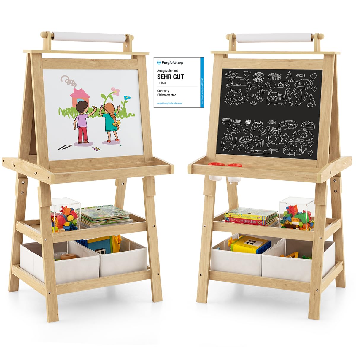 Kinderstaffel 3-in-1 dubbelzijdig tekenbord Kindertafel met papierrol, whiteboard en schoolbord In hoogte verstelbaar sta-tafel 95-125cm All-in-one staffels met opbergvakken en 99 stuks accessoires