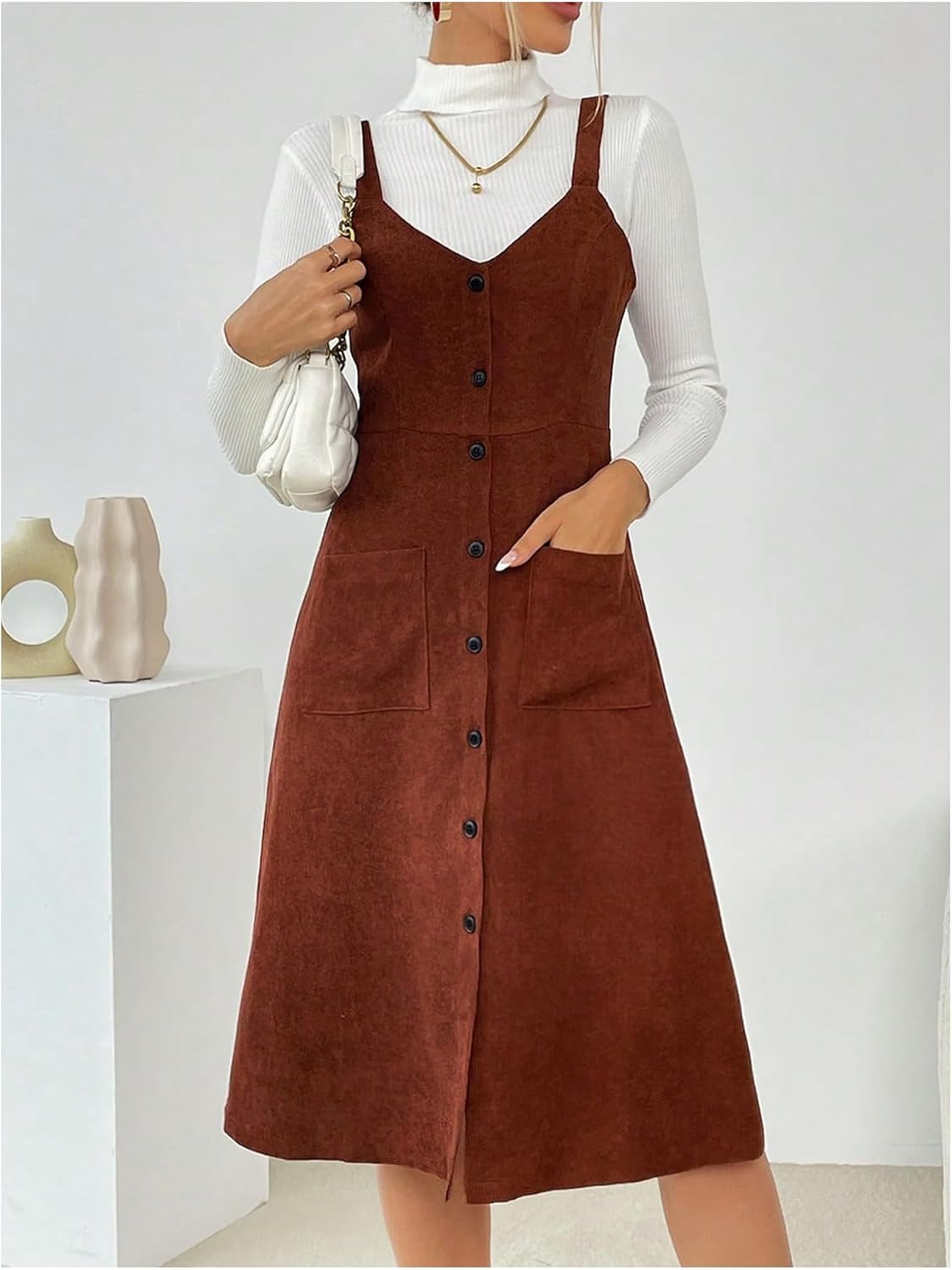 Milumia Women's Corduroy Button Up V Neck Pocket Midi Pinafore Overall Dress - Image 3