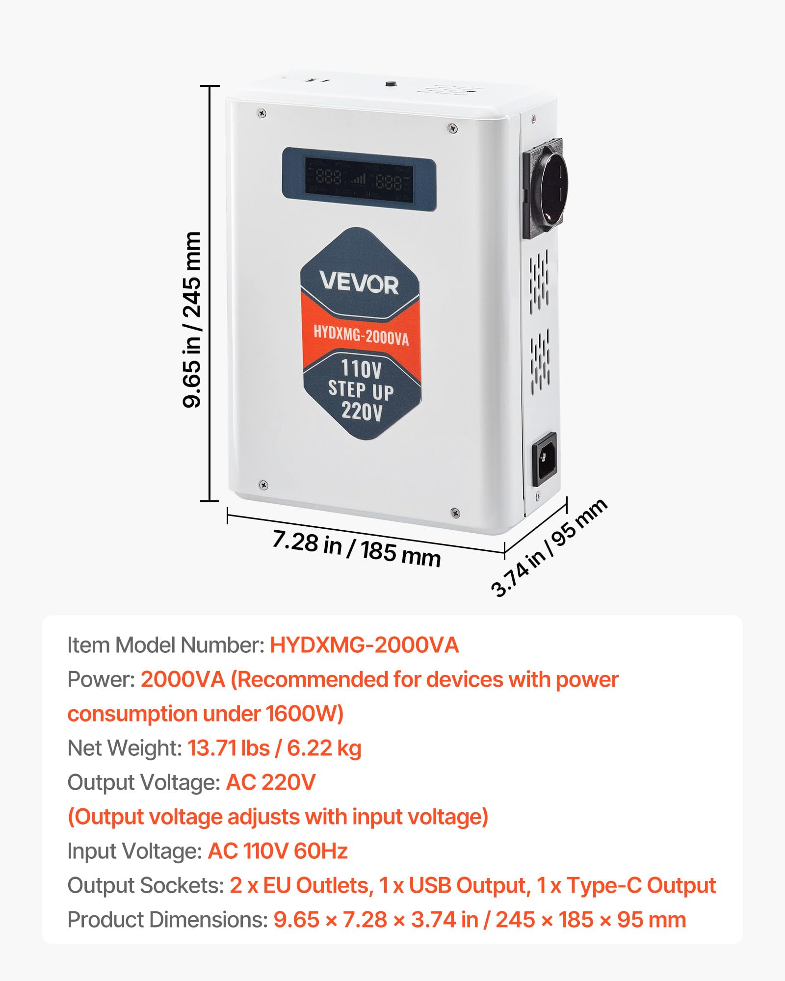 VEVOR Przetwornica napięcia Step-Up 2000 VA Heavy Duty 110V na 220V z 2 gniazdami amerykańskimi, wyjściem USB, wyświetlaczem LCD, do urządzeń gospodarstwa domowego 220 V