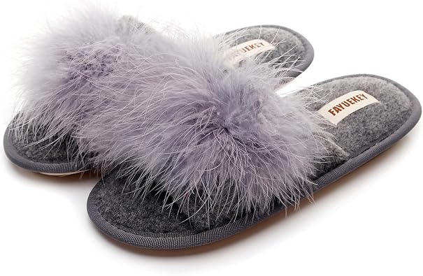 FAYUEKEY Womens Fluffy Open Toe Slippers, Summer Memory Foam Slide Slippers, Non-Slip Rubber Sole Indoor Outdoor Casual House Shoes