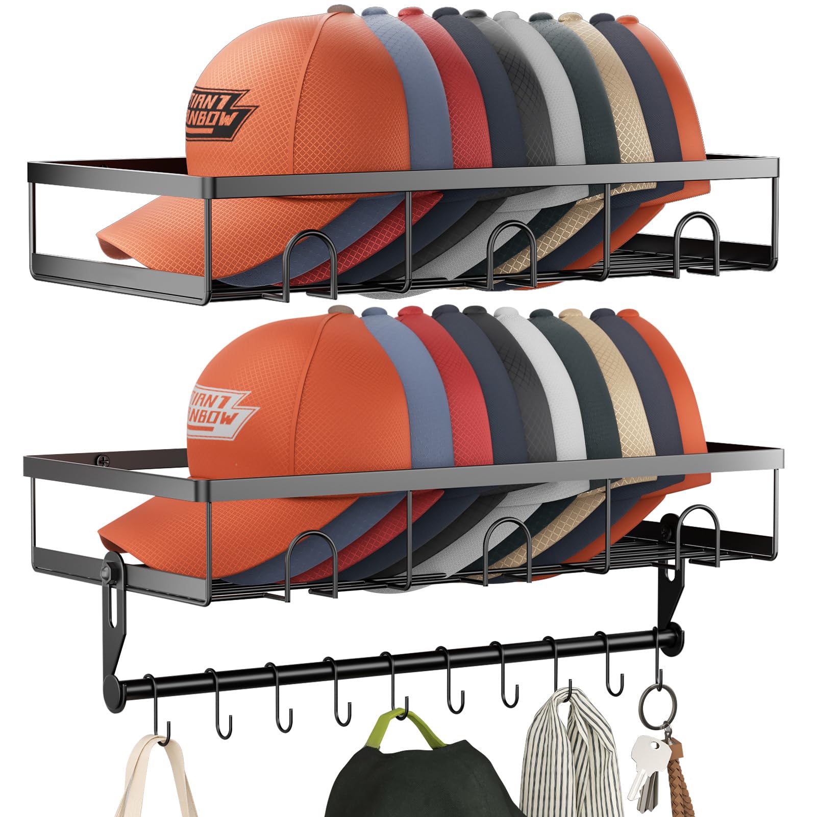 Metal Hat Rack for Wall, Each Hat Organizer for Baseball Caps Fit 20 Caps Holder with 10 Hat Hanger, 2 Pack Wall mounted Hat storage holder display, Black