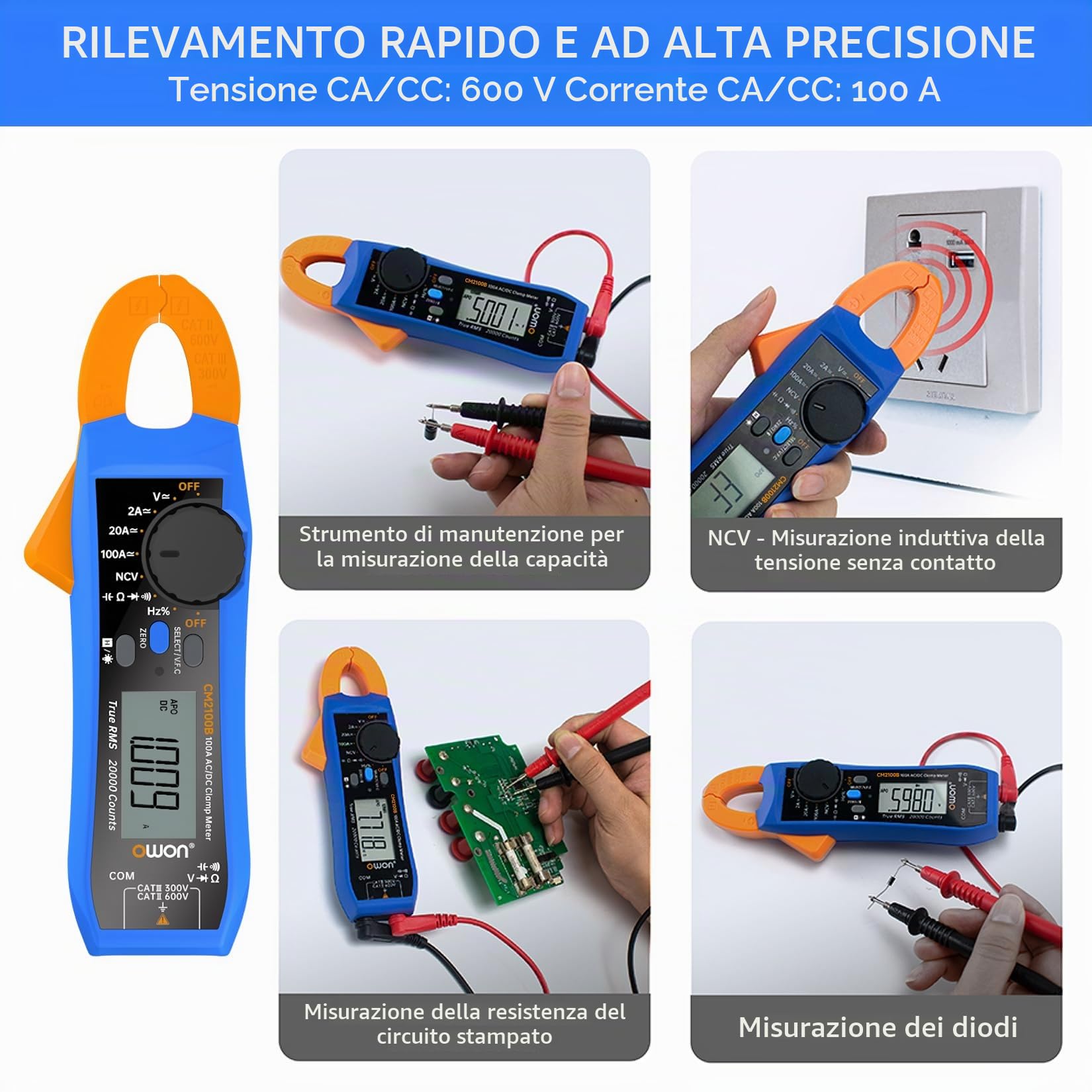 OWON CM2100B Pinza amperometrica Bluetooth 20000 conteggi palmare True RMS 600V 100A AC/DC Test corrente e tensione con protezione da sovraccarico VFC, tester di capacità di resistenza, funzione NCV