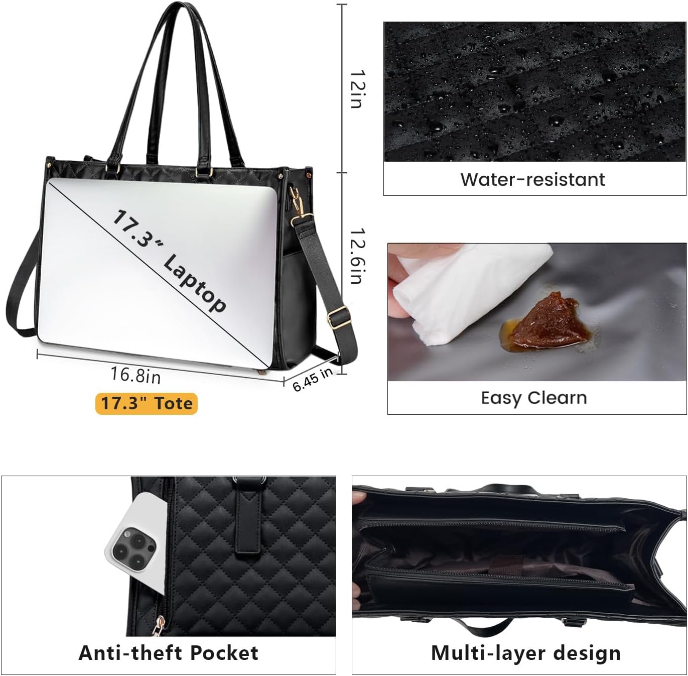 Lunch Tote Bag for Women 17.3 Inch Laptop Bag with Insulated Lunch Compartment Leather, Quilted Computer Tote, Quilted Work Bag for Office, Teacher, Commuter (Black) - Image 2