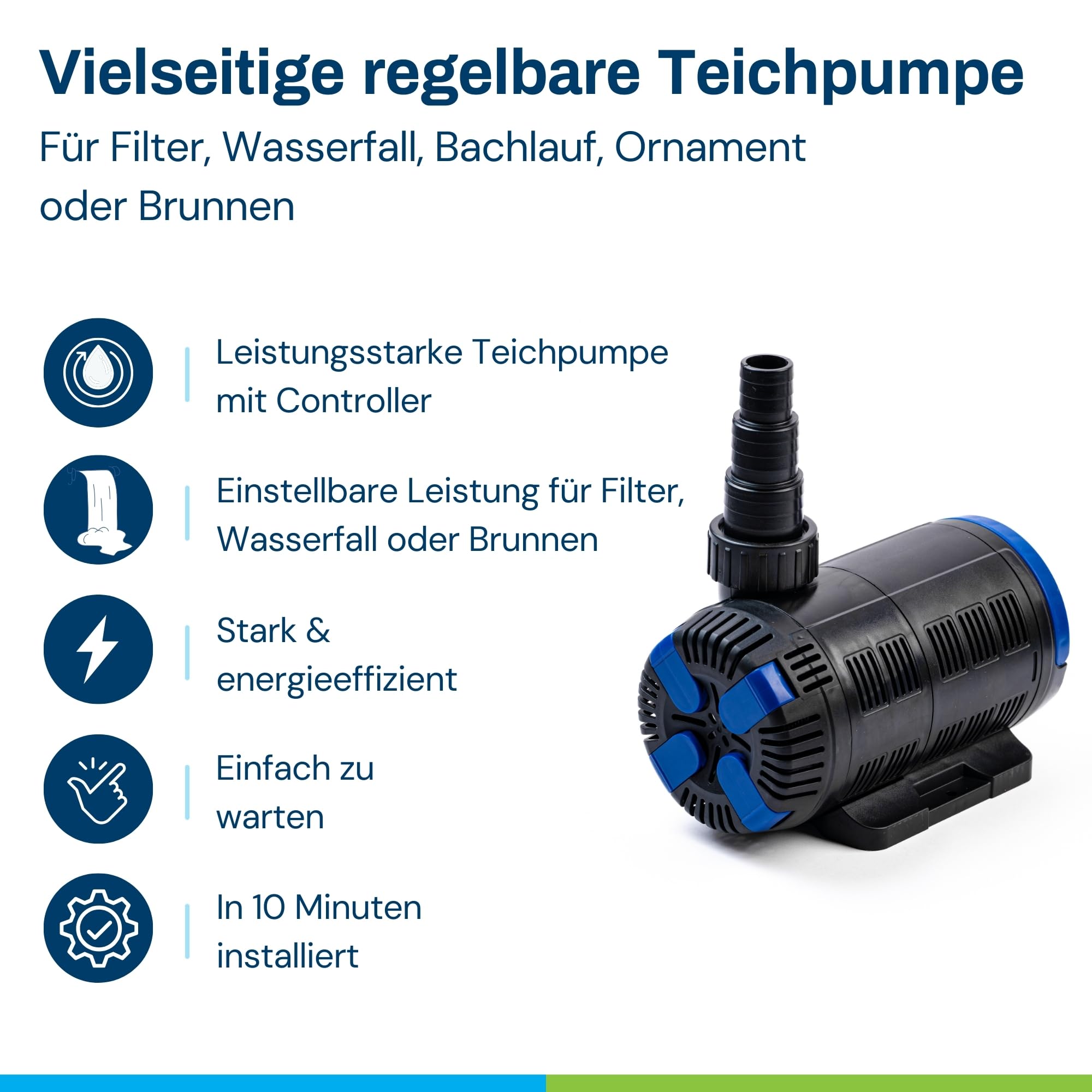 BluFlow 15.000 - Regelbare Teichpumpe - 7.500-15.000 Liter/Stunde, 37-180 Watt - Filterpumpe & Bachlaufpumpe - Ideal für Gartenteich, Fischteich, Springbrunnen & Wasserfall