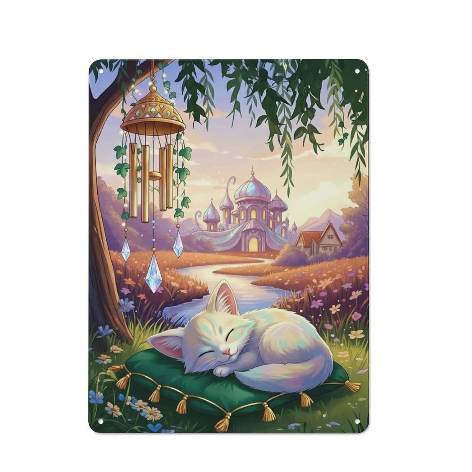 Rustic Dreamy Cat Nap in Fantasy Landscape Tin Wall Plaque 40x30cm, Rustic Kitchen Decor for Cottage, Kitchen, Hallway Or Breakfast Nook