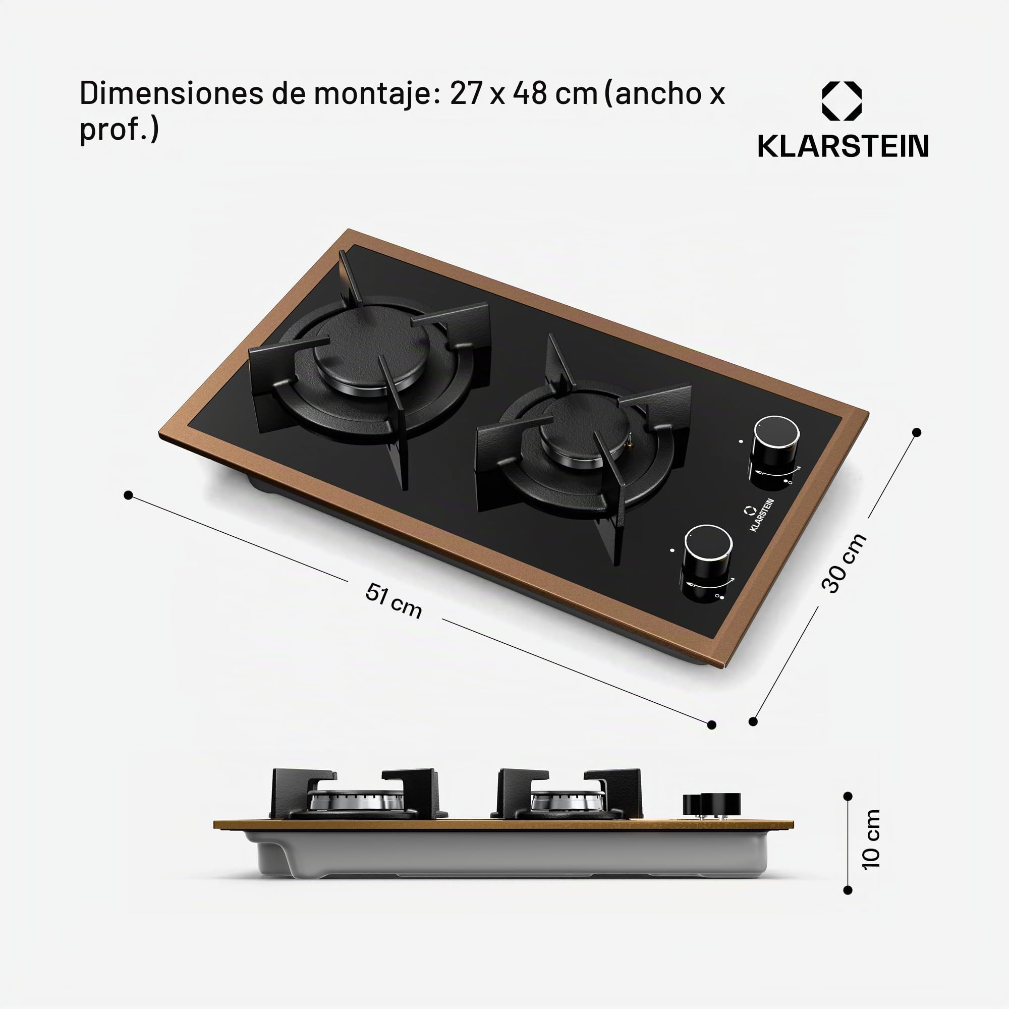 Klarstein Lumiflame Placa de Gas, 2 Quemadores, 4,2kW, Superficie de Cristal Templado, Encendido Eléctrico, Seguridad FFD, Marco de Cobre, Soportes de Hierro Fundido, Compatible con GLP/Gas Natural