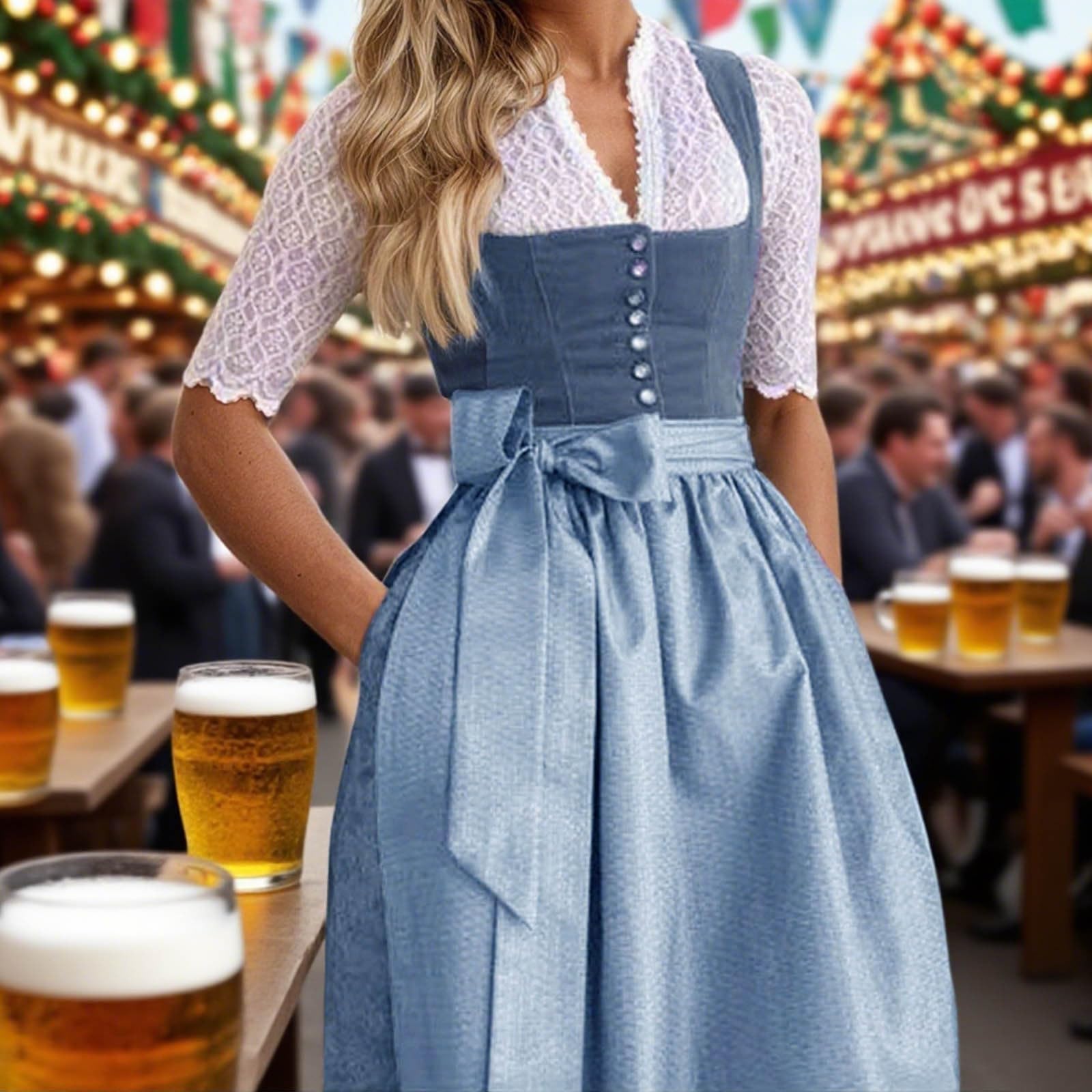 Generisch Dirndl Damen Trachtenkleid Mit Schürze Dirndlbluse Für Frauen Karneval Oktoberfest Party, Cosplay Damenanzug Elegantes Kleid mit Druck für Mittelalter Festivals Verkleidungspartys