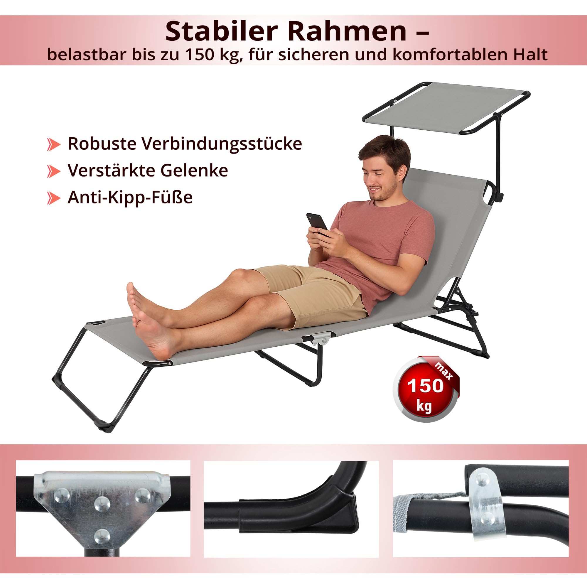 Stagecaptain CS-190 Sonnenliege klappbar mit Dach 2X Set – Gartenliege 190cm - Verstellbare Rückenlehne & Sonnendach - Wetterfest & faltbar für Garten, Balkon, Terrasse, Strand, Camping - Schwarz-Grau