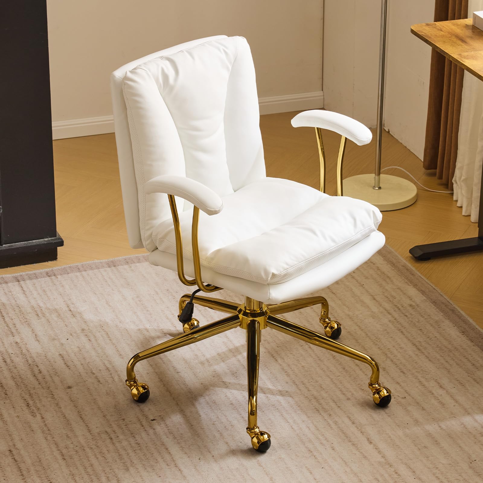 Bonnlo Silla de Escritorio, Silla ergonómica con reposabrazos, Silla ejecutiva, Silla giratoria, Regulable en Altura y Función de Inclinación, Oficina en Casa, Cuero PU, Blanco