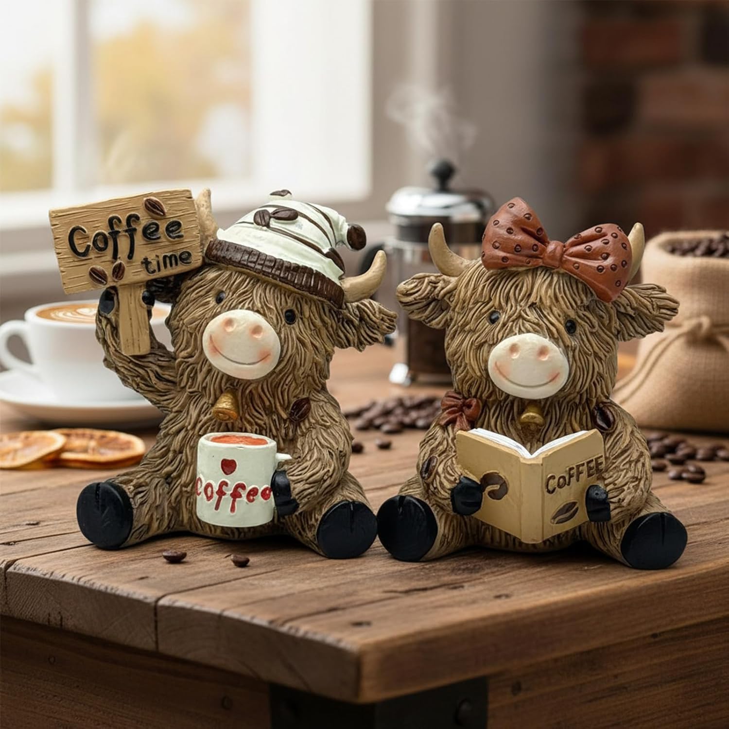 2 PCS Highland Cow Figurines Coffee-Themed Scottish Calf Gnome Resin Statue Set for Farmhouse, Garden, Table, Tiered Tray Decor, Gift for Coffee Lovers