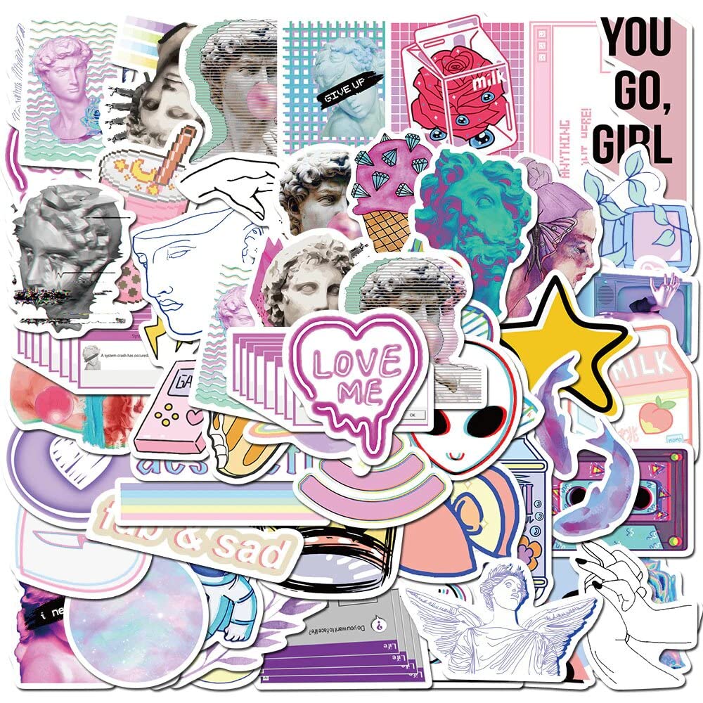 iDream Self-Adhesive Vaporwave Art Style Theme DIY Stickers for Suitcase Laptop Bicycle Helmet Waterproof Sticker (Set of 50) (Multicolour)