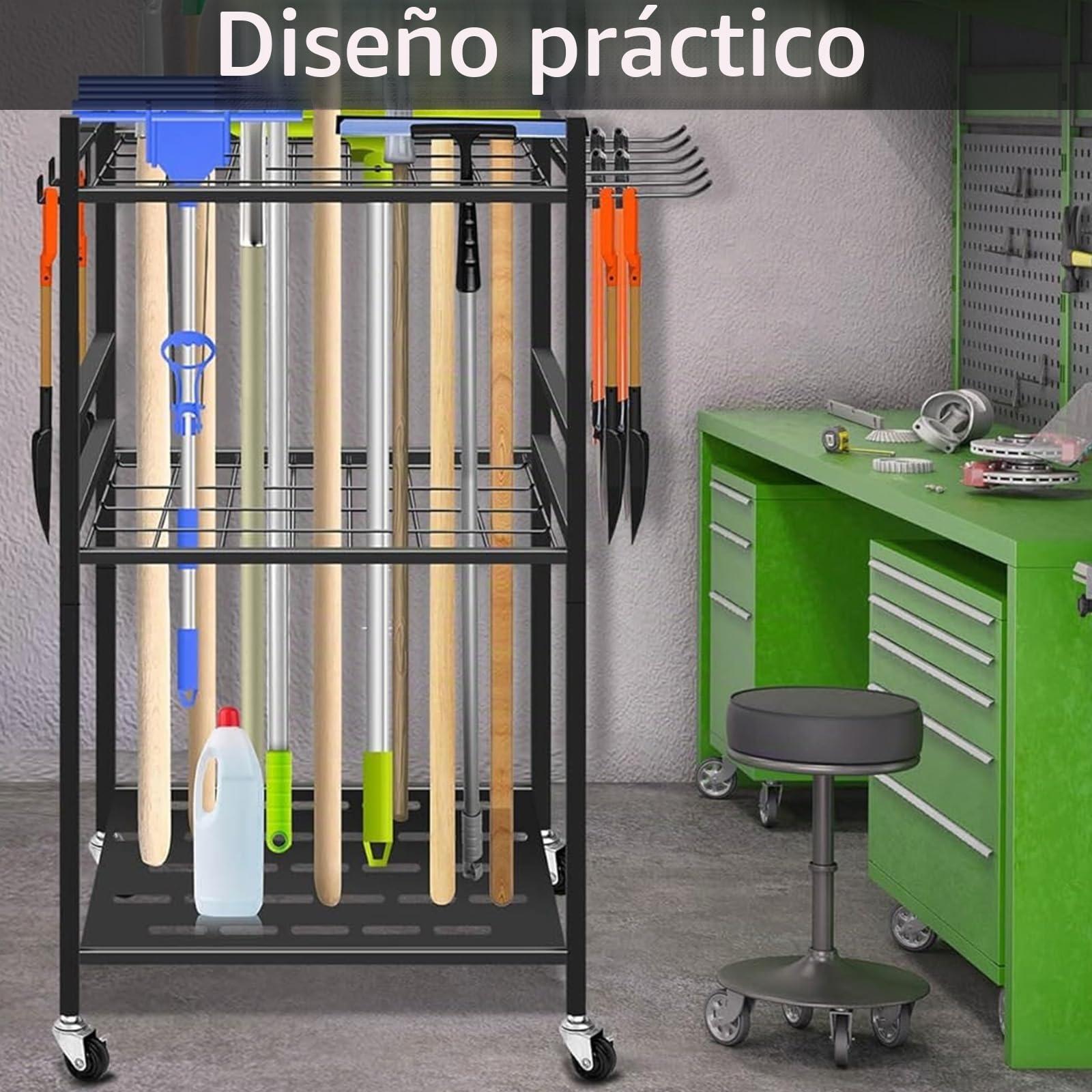 Organizador de Herramientas Jardineria, Estante de Almacenamiento para Herramientas de Jardín Fabricado con Rueda Universal Ganchos Laterales Largos y Ganchos de Almacenamiento para Garajes Jardines