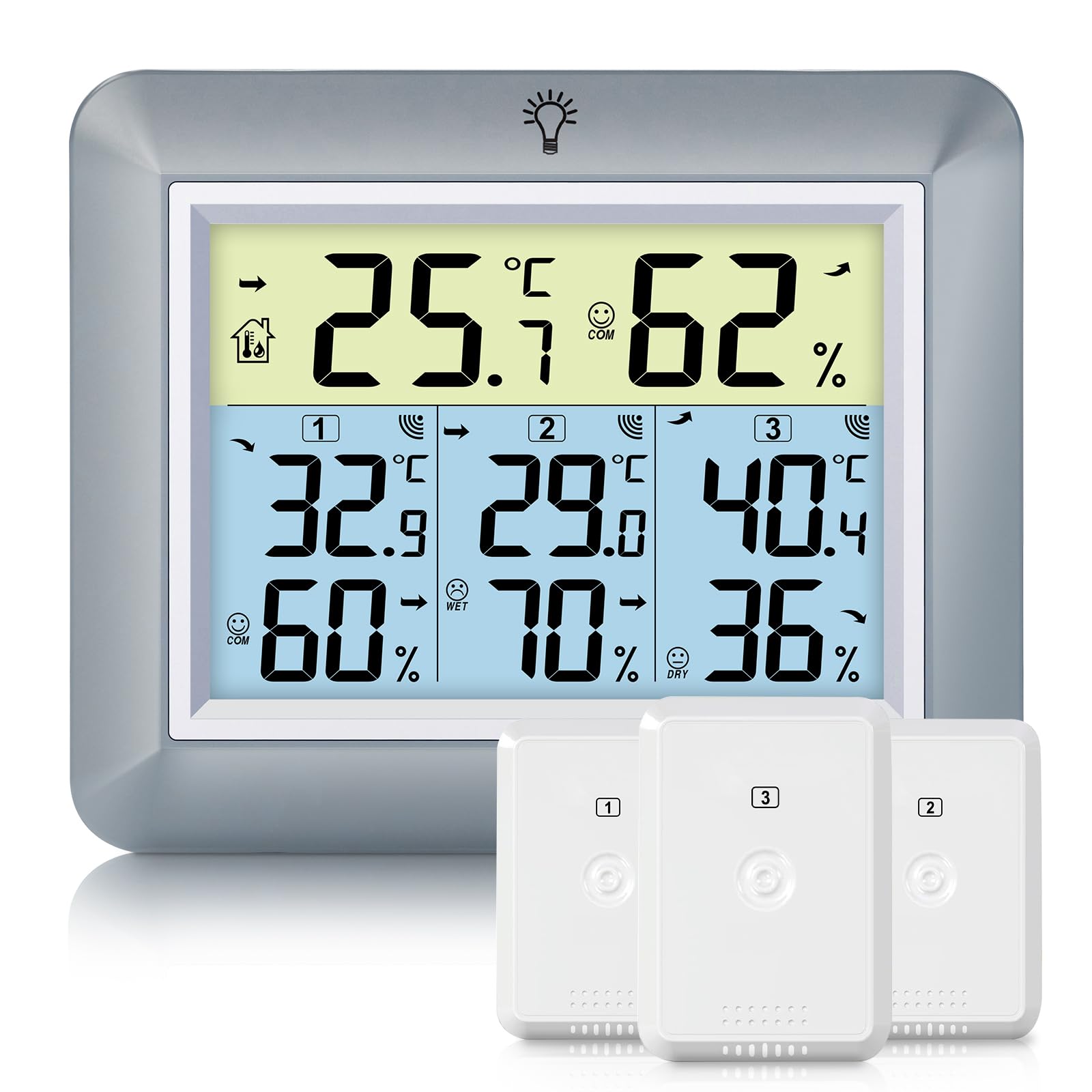 Urageuxy Wetterstation Funk mit 3 Außensensor - Wetterstation mit 100m Reichweite, Digital Hygrometer Thermometer mit Hintergrundbeleuchtung, MIN/MAX-Aufzeichnung, Einfache Bedienung (Grau)