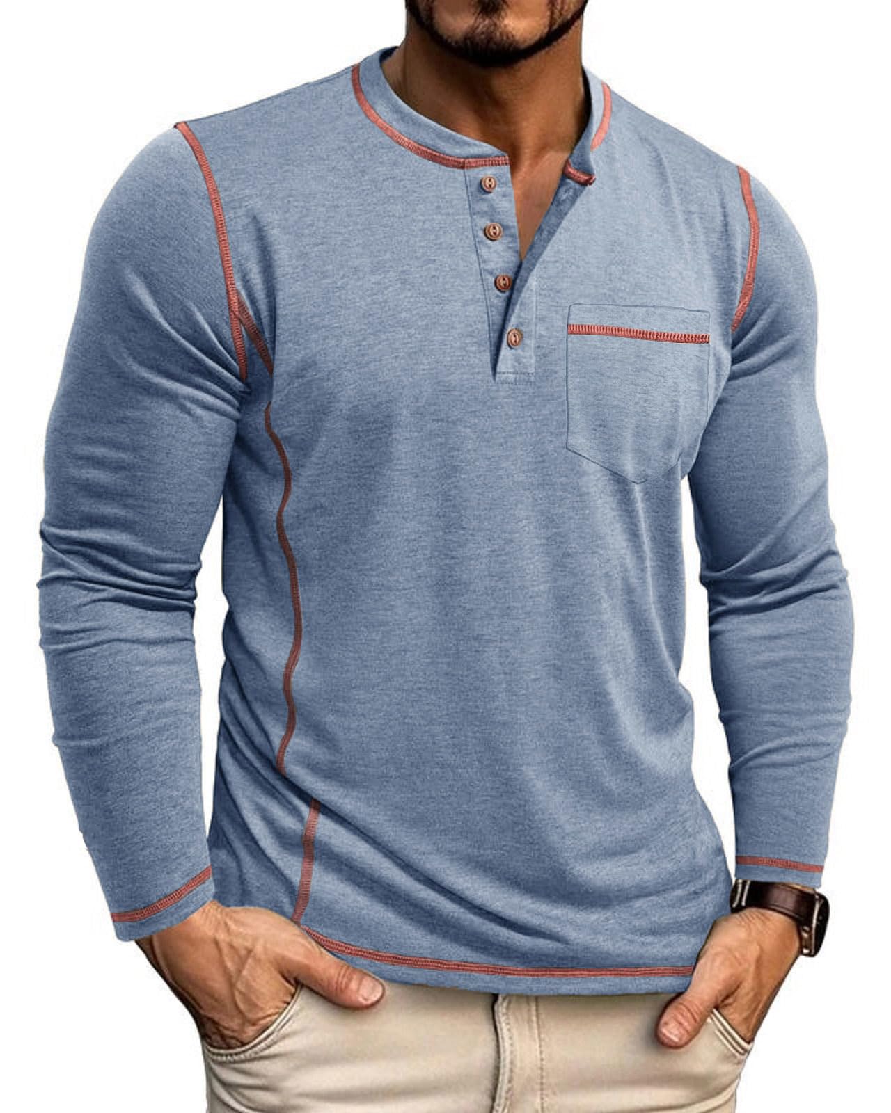 LAOARA Langarmshirt Herren Longsleeve T-Shirts Henley Shirt Langarm Longshirt Slim mit Tasche Knopfleiste M-3XL