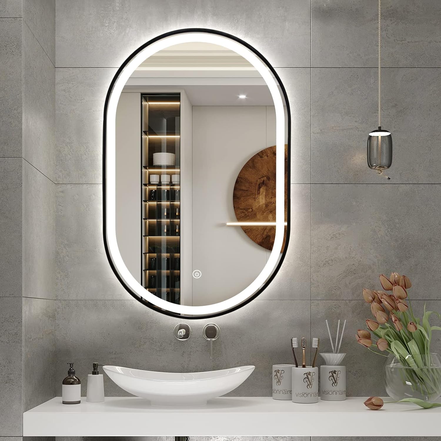 TheiaMo 36x24 Oval LED Bathroom Mirror with black frame and illuminated edge, installed above a white sink in a modern bathroom.