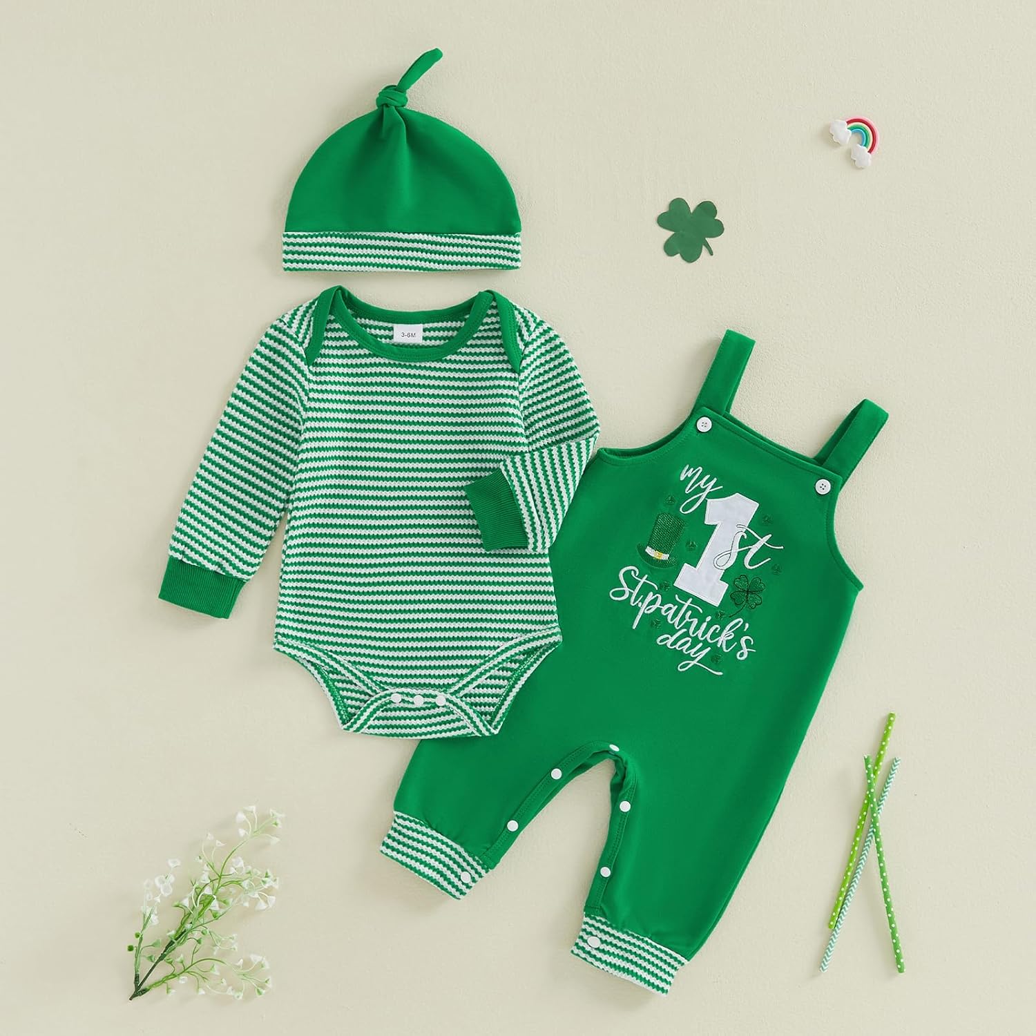 Baby Boy First St Patricks Day Outfit Striped Waffle Long Sleeve Romper Embroidery Overalls Pants Hat 3Pcs Sets - Image 5